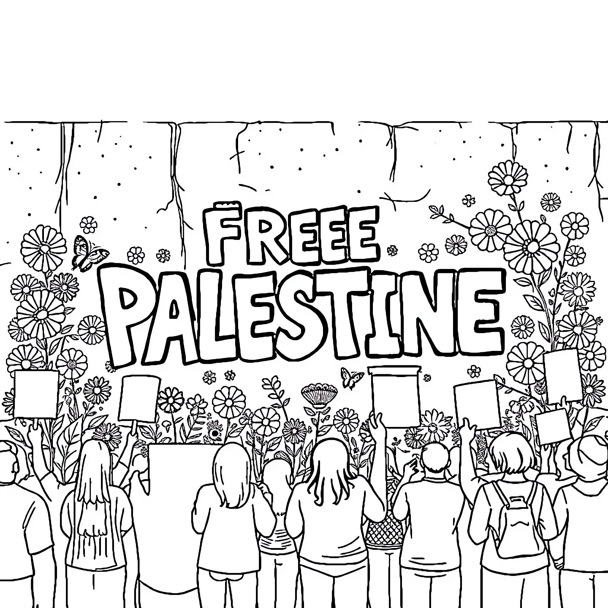 Palestine protesters advocate for freedom Coloring Page (free black-and-white line drawing printable PDF for all, from beginners to advanced learners, including children, teens, adults, and seniors)
