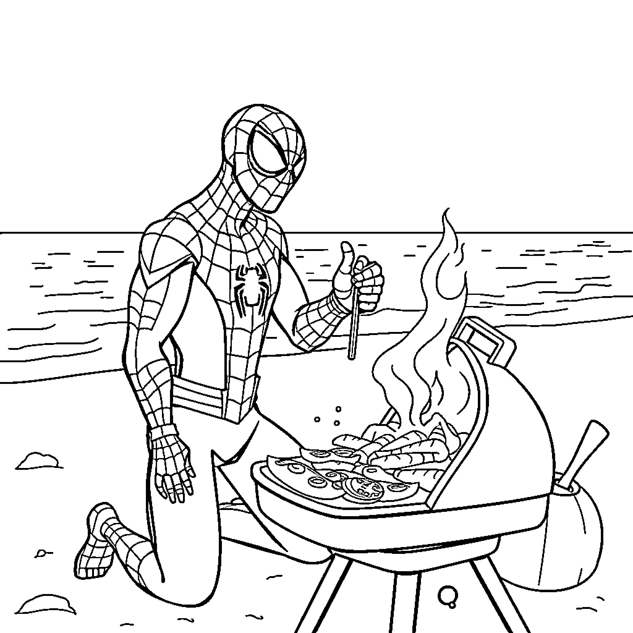 Spiderman cooking a BBQ on the beach Coloring Page (free black-and-white line drawing printable PDF for all, from beginners to advanced learners, including children, teens, adults, and seniors)