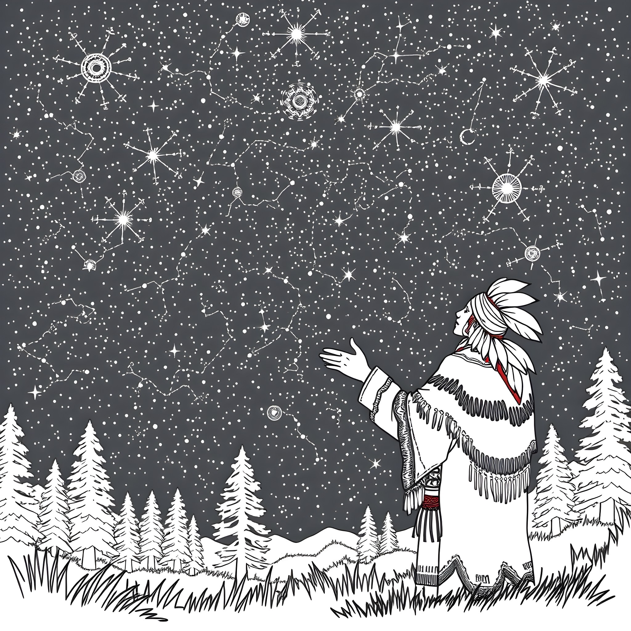Storyteller gazing at the magical night sky Coloring Page (free black-and-white line drawing printable PDF for all, from beginners to advanced learners, including children, teens, adults, and seniors)