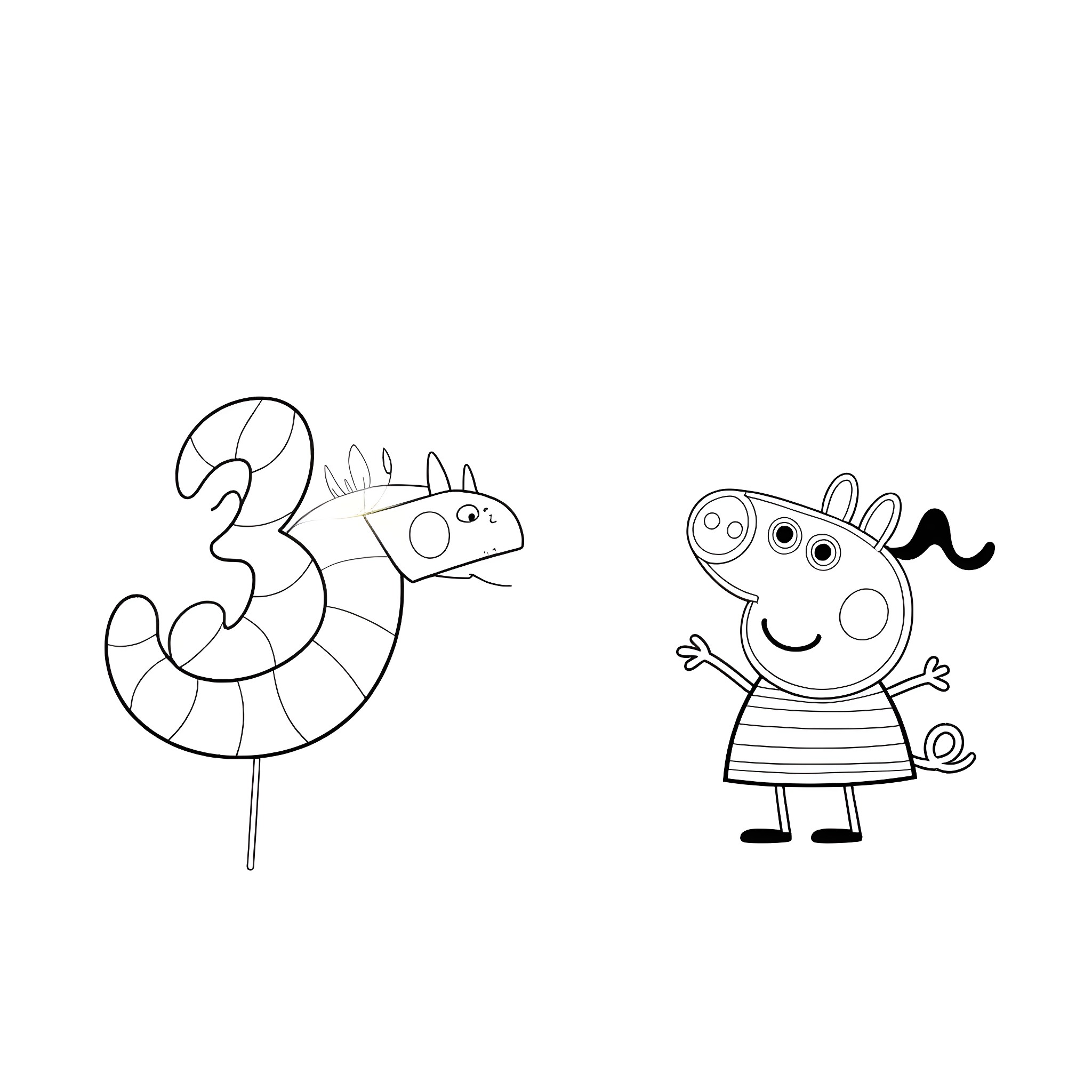 Peppa Pig celebrating with animal number 3 Coloring Page (free black-and-white line drawing printable PDF for all, from beginners to advanced learners, including children, teens, adults, and seniors)
