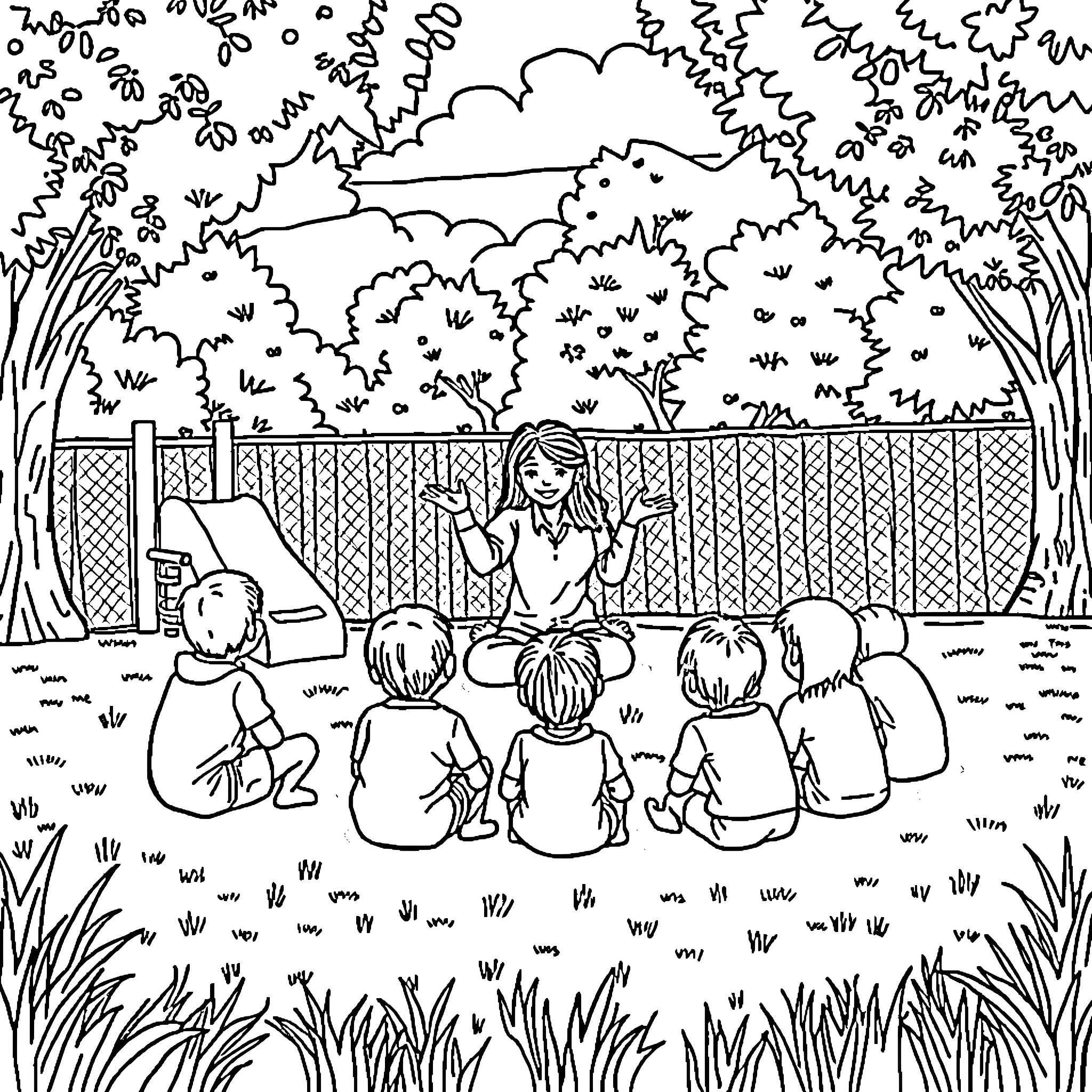 Teacher engaging students in an outdoor learning activity Coloring Page (free black-and-white line drawing printable PDF for all, from beginners to advanced learners, including children, teens, adults, and seniors)