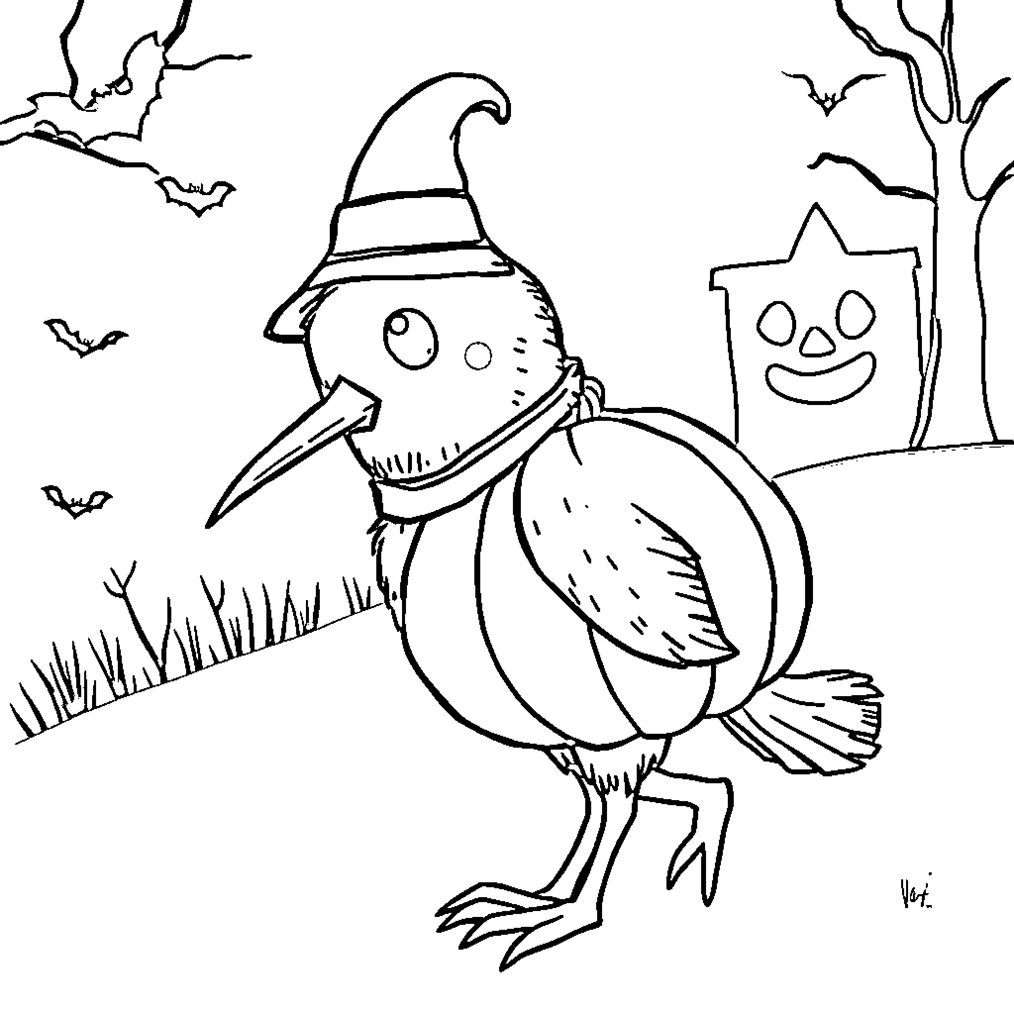Kiwi bird in Halloween witch costume Coloring Page (free black-and-white line drawing printable PDF for all, from beginners to advanced learners, including children, teens, adults, and seniors)