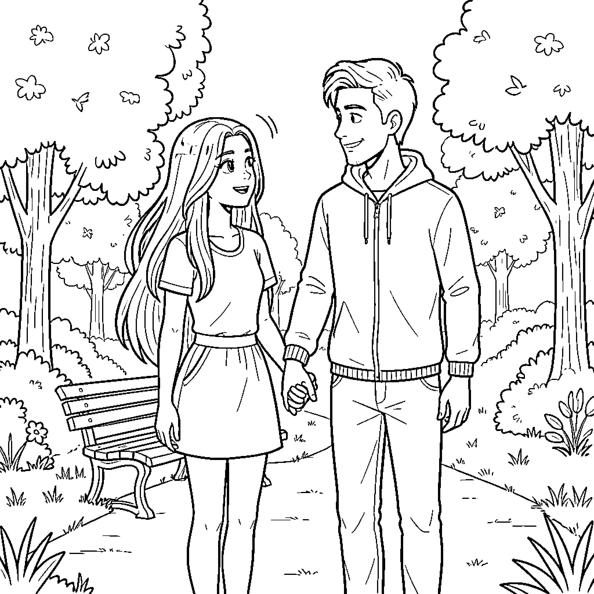 Girl and boy walking together in a park Coloring Page (free black-and-white line drawing printable PDF for all, from beginners to advanced learners, including children, teens, adults, and seniors)