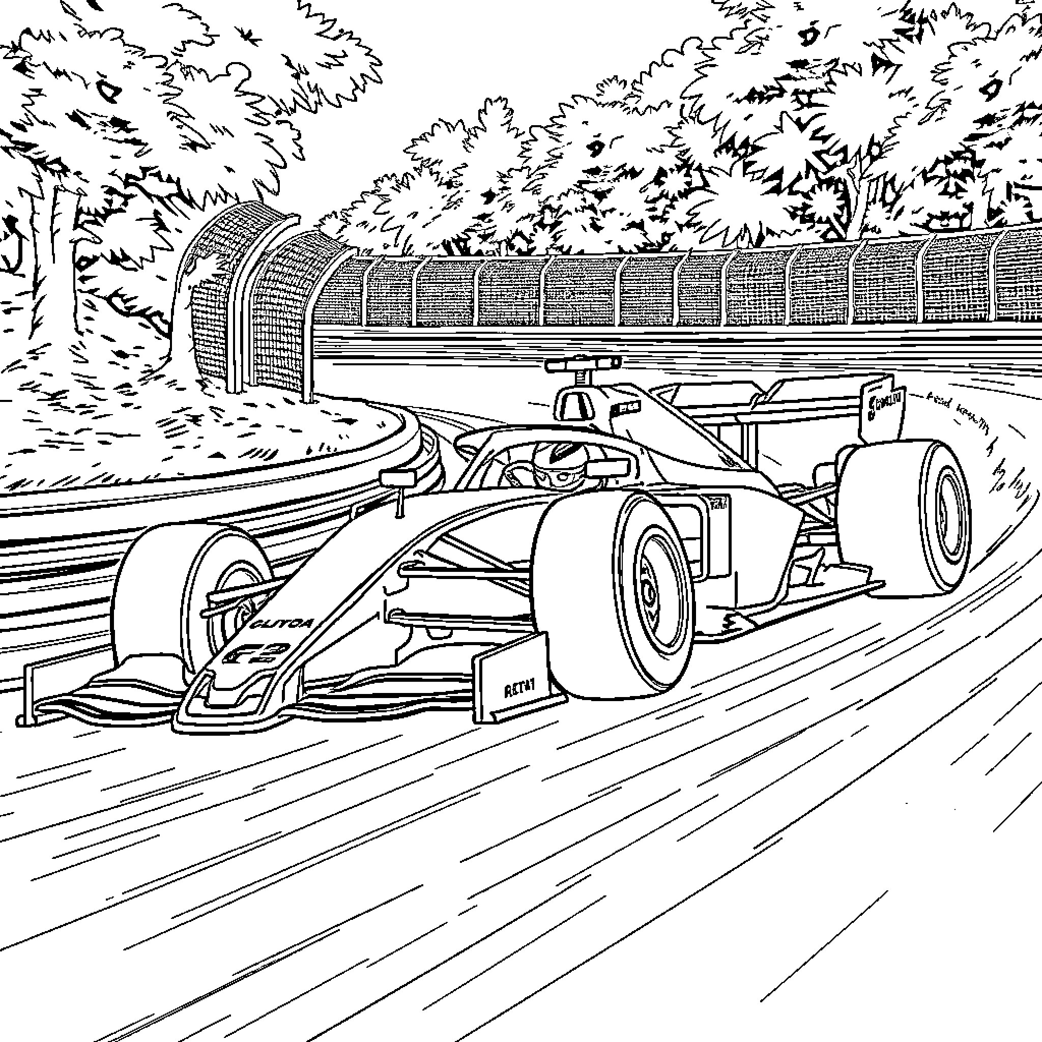 F1 Car racing on a track through a forested area Coloring Page (free black-and-white line drawing printable PDF for all, from beginners to advanced learners, including children, teens, adults, and seniors)