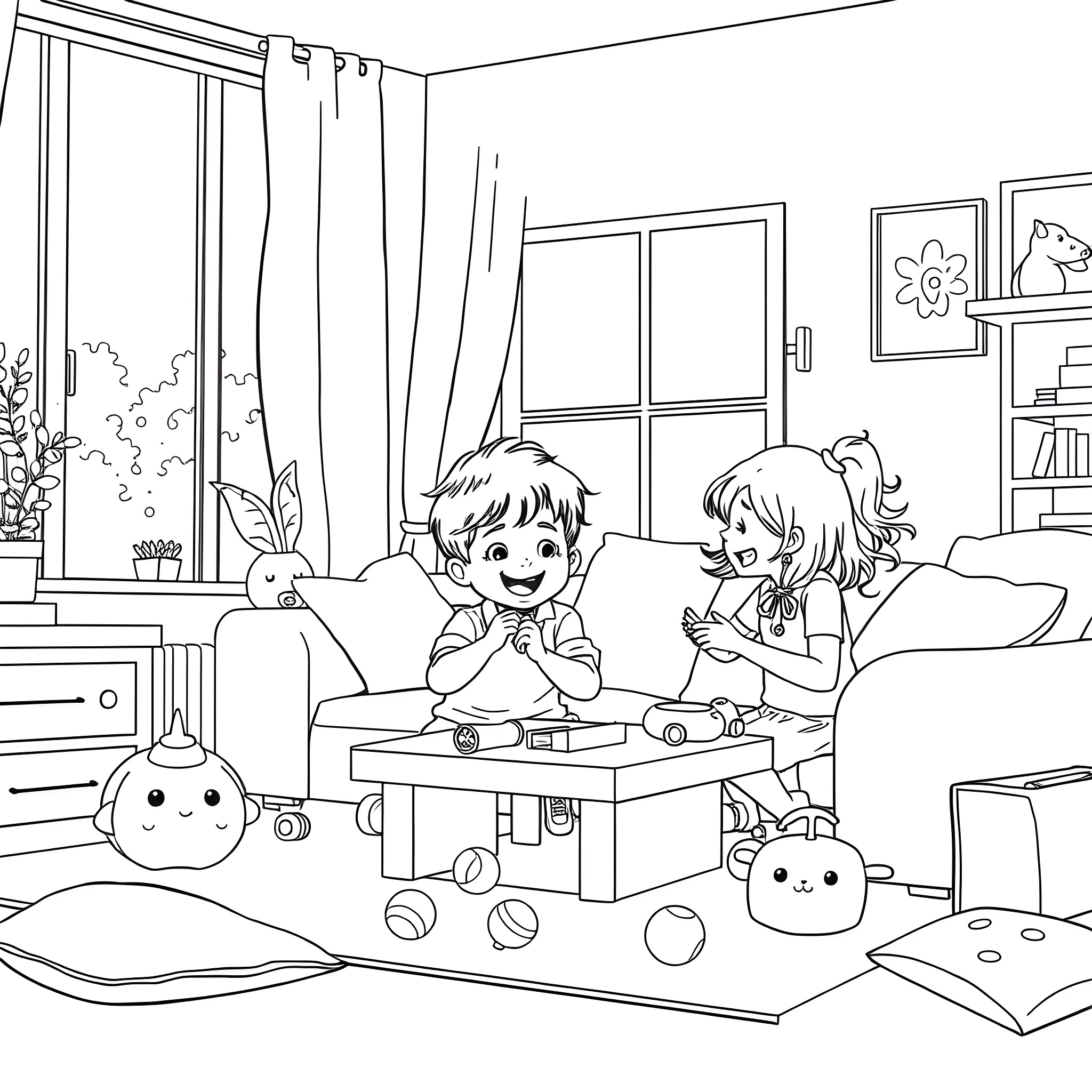 Child playing with toys in a cozy room Coloring Page (free black-and-white line drawing printable PDF for all, from beginners to advanced learners, including children, teens, adults, and seniors)