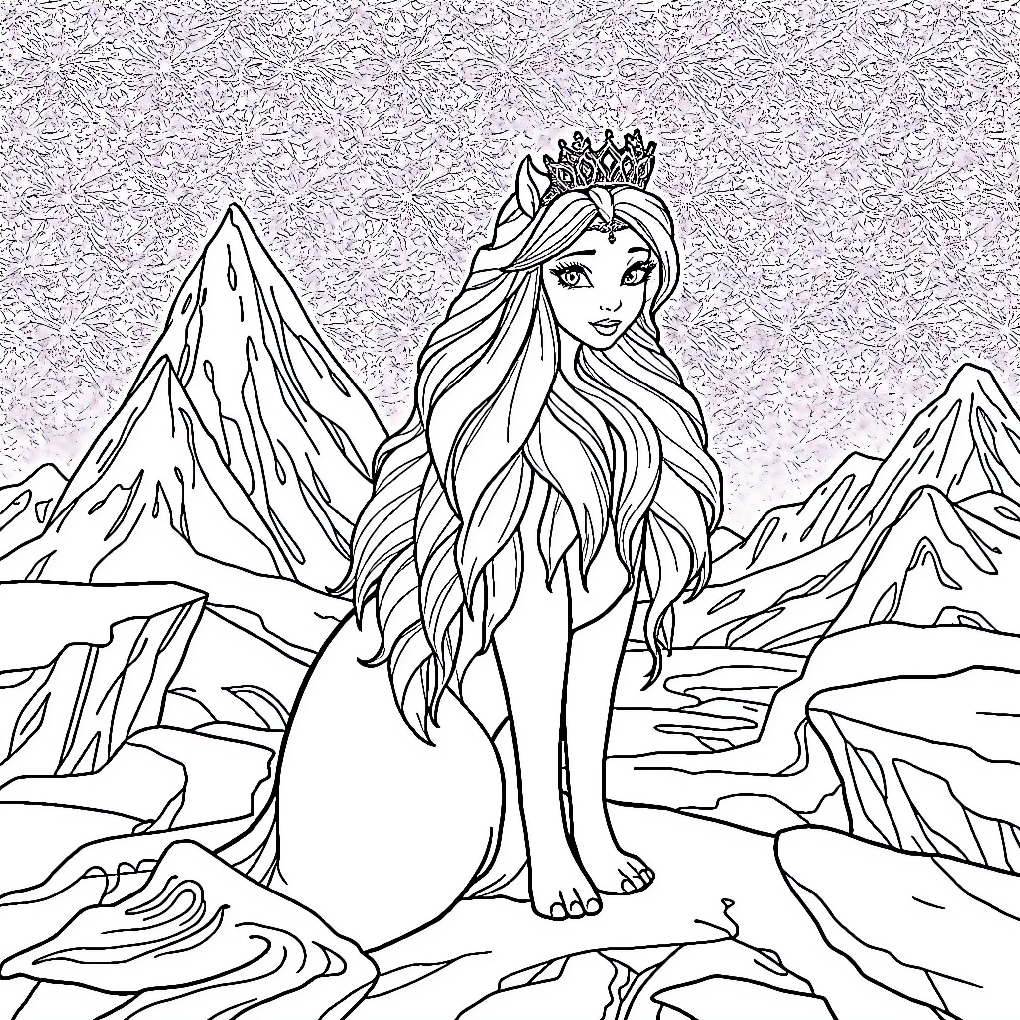 Snow Queen in a Wintery Landscape Coloring Page (free black-and-white line drawing printable PDF for all, from beginners to advanced learners, including children, teens, adults, and seniors)