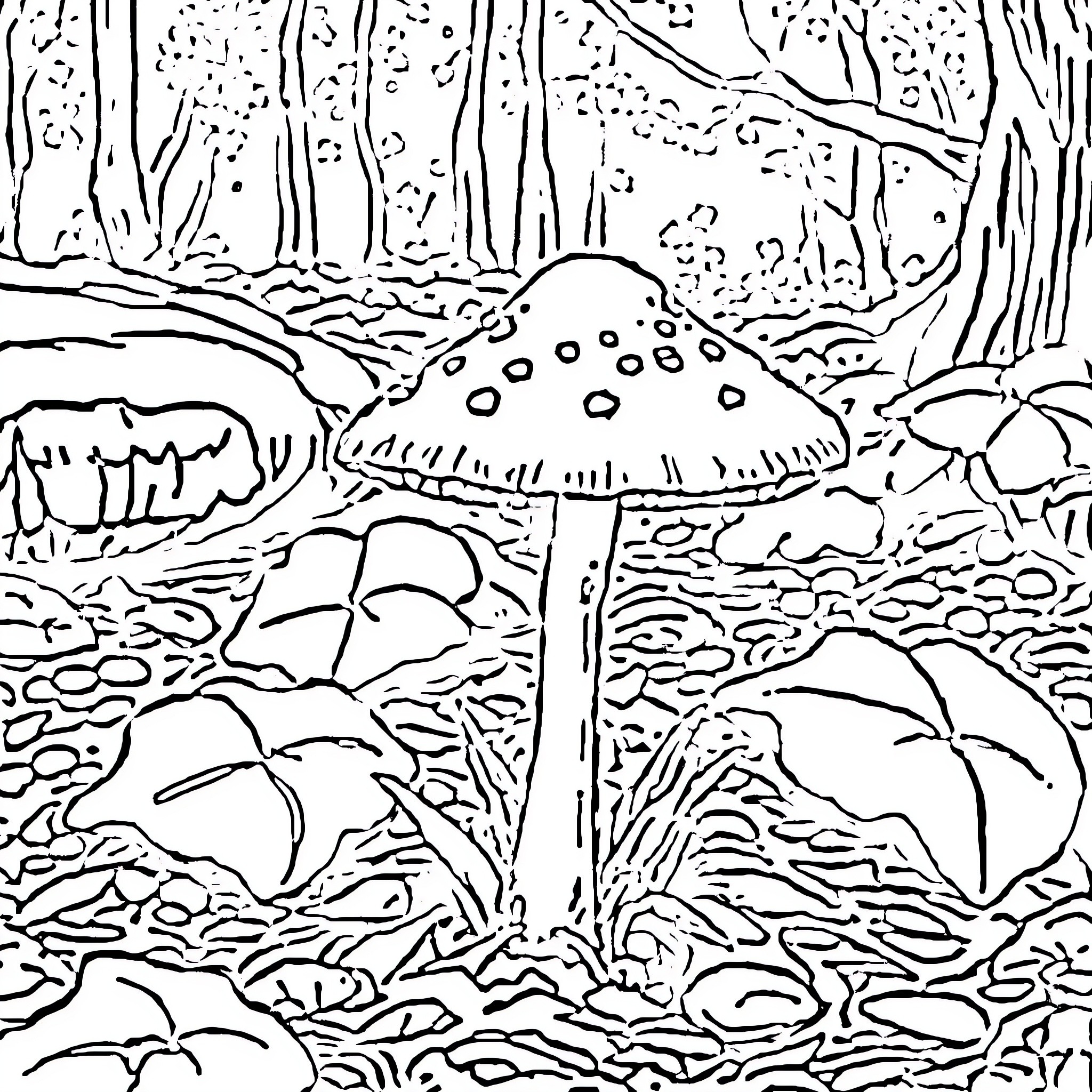 Mushroom Growing in Enchanted Forest Coloring Page (free black-and-white line drawing printable PDF for all, from beginners to advanced learners, including children, teens, adults, and seniors)