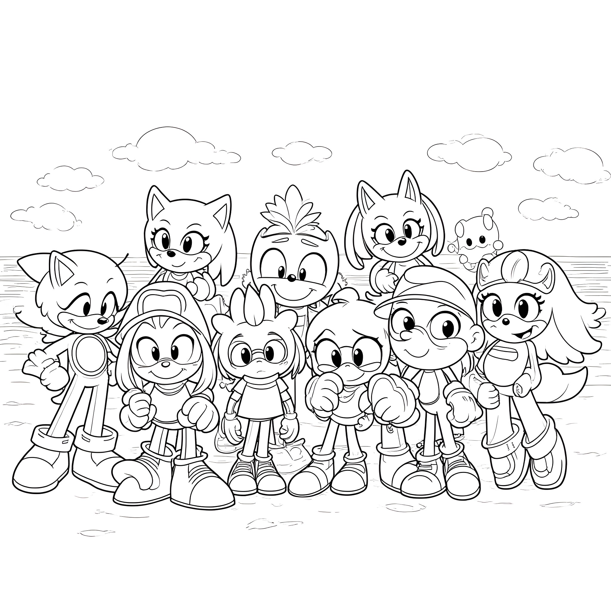 Character group of cartoon friends in outdoor scene Coloring Page (free black-and-white line drawing printable PDF for all, from beginners to advanced learners, including children, teens, adults, and seniors)