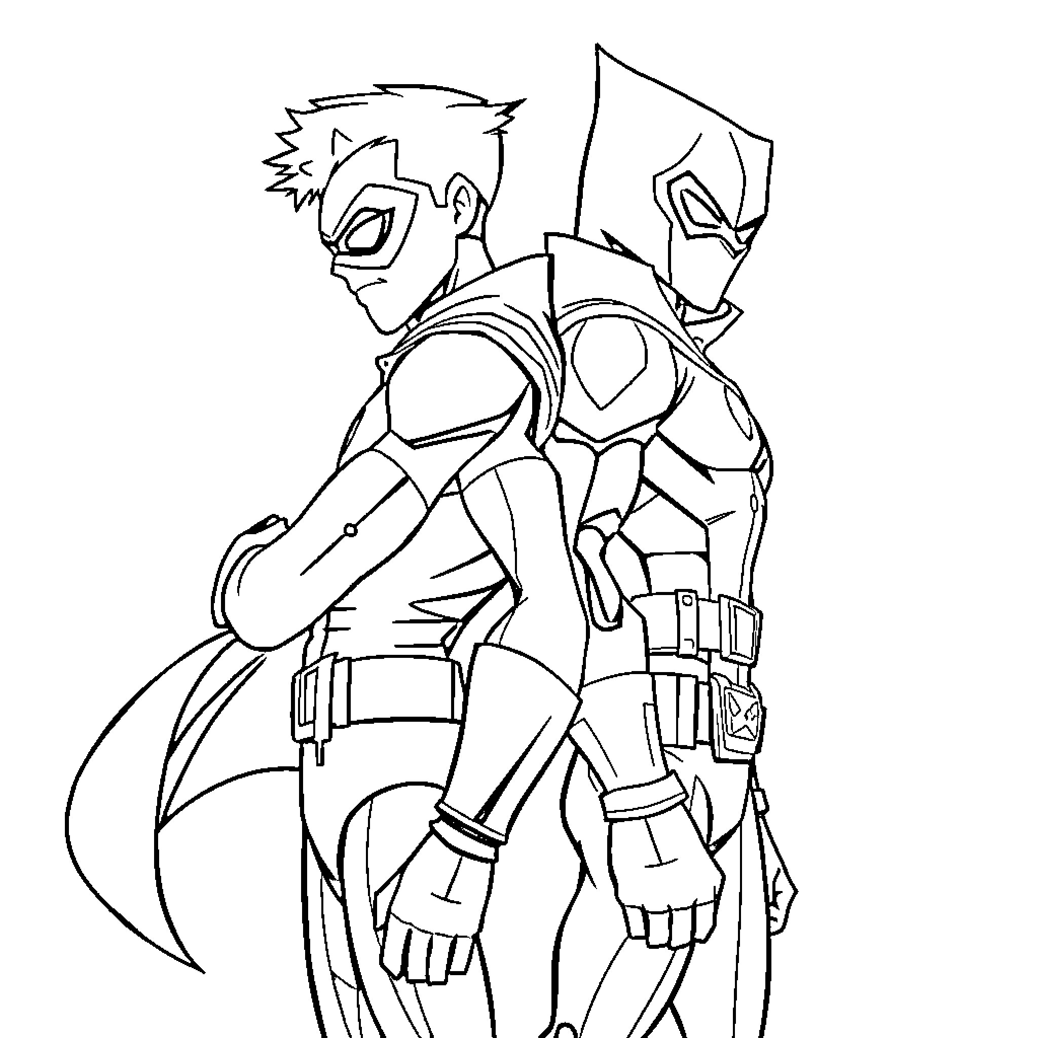 Robin in Heroic Pose with Mechanical Suit Coloring Page (free black-and-white line drawing printable PDF for all, from beginners to advanced learners, including children, teens, adults, and seniors)