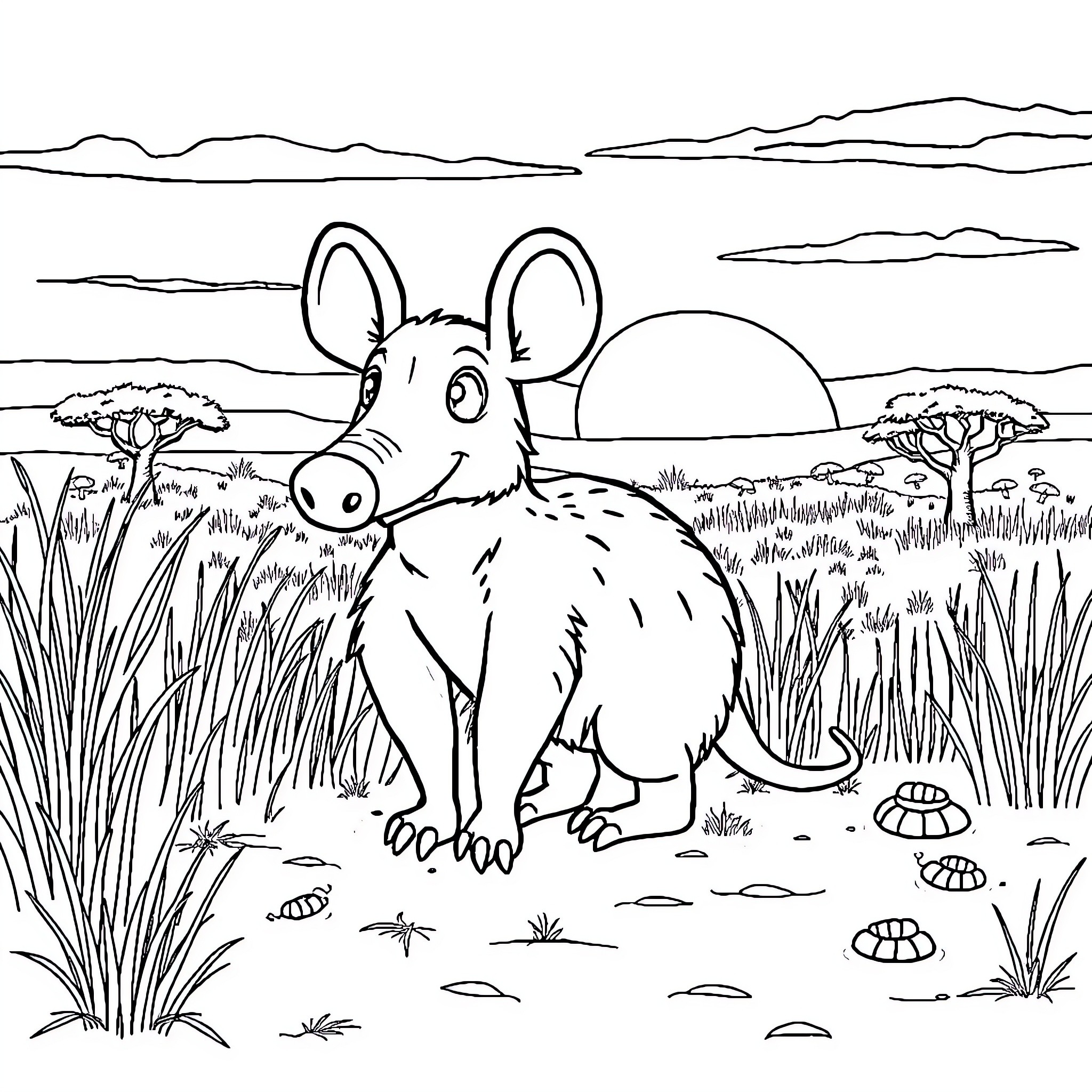 Aardvark exploring the savanna landscape Coloring Page (free black-and-white line drawing printable PDF for all, from beginners to advanced learners, including children, teens, adults, and seniors)