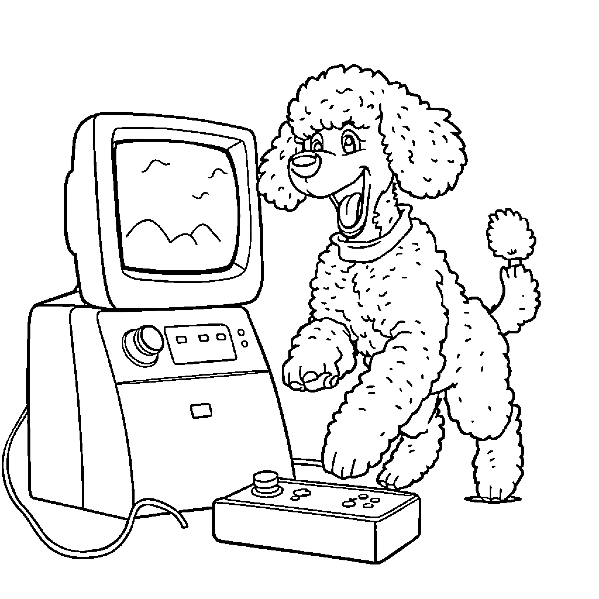 Poodle playing with video game console Coloring Page (free black-and-white line drawing printable PDF for all, from beginners to advanced learners, including children, teens, adults, and seniors)
