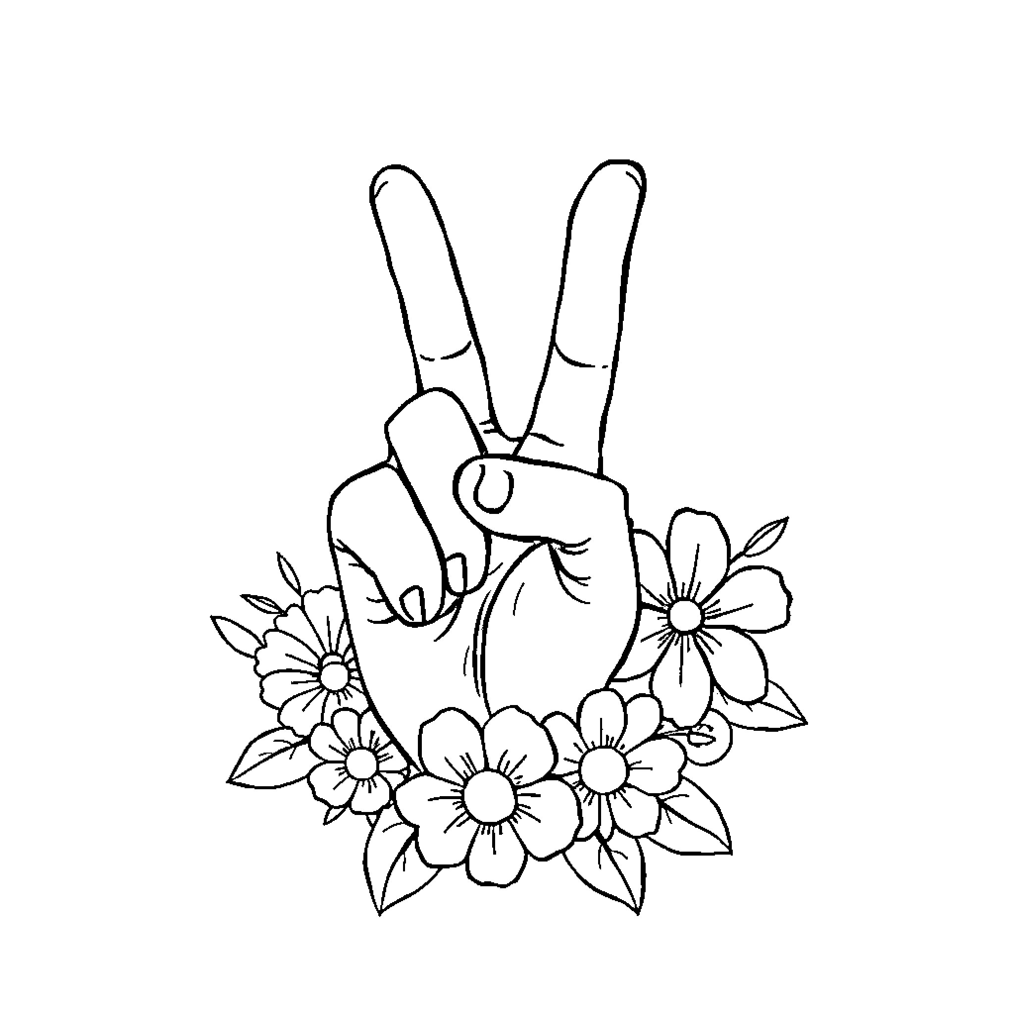 Peace Sign Gesture with Floral Decorations Coloring Page (free black-and-white line drawing printable PDF for all, from beginners to advanced learners, including children, teens, adults, and seniors)