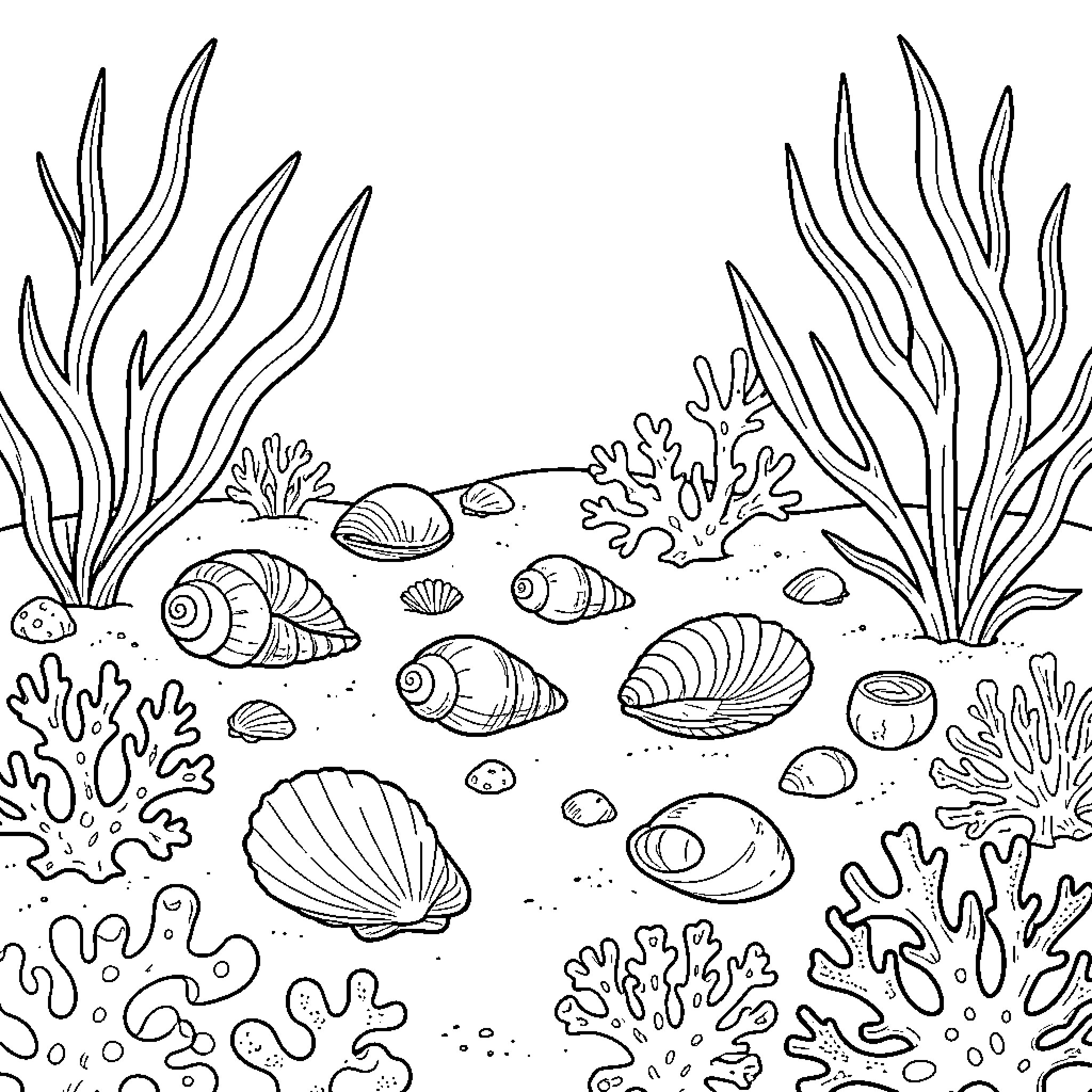 Shells resting among seaweed and coral on the seabed Coloring Page (free black-and-white line drawing printable PDF for all, from beginners to advanced learners, including children, teens, adults, and seniors)