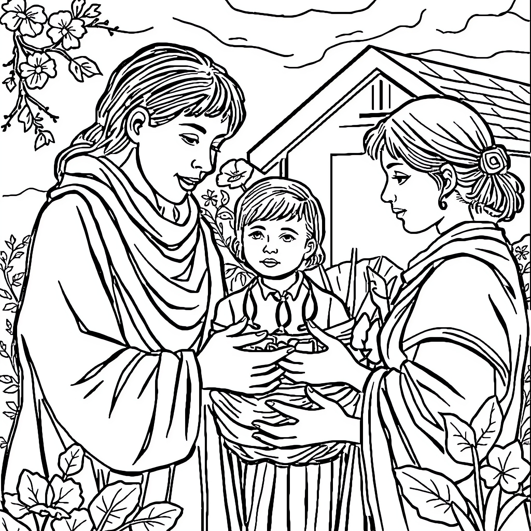 Mutualité: Family Gathering in a Tranquil Setting Coloring Page (free black-and-white line drawing printable PDF for all, from beginners to advanced learners, including children, teens, adults, and seniors)