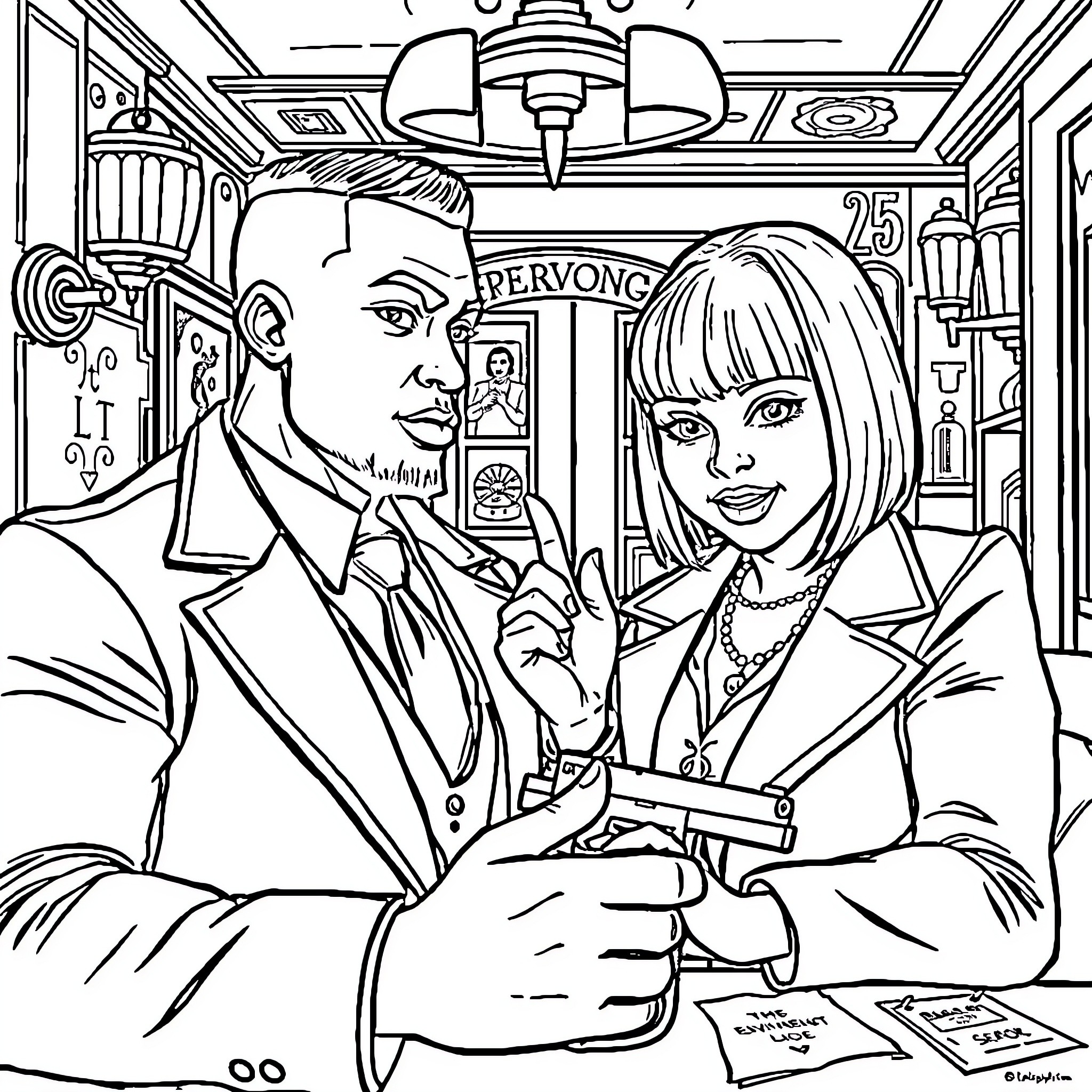 Couple sharing a moment in a retro setting Coloring Page (free black-and-white line drawing printable PDF for all, from beginners to advanced learners, including children, teens, adults, and seniors)