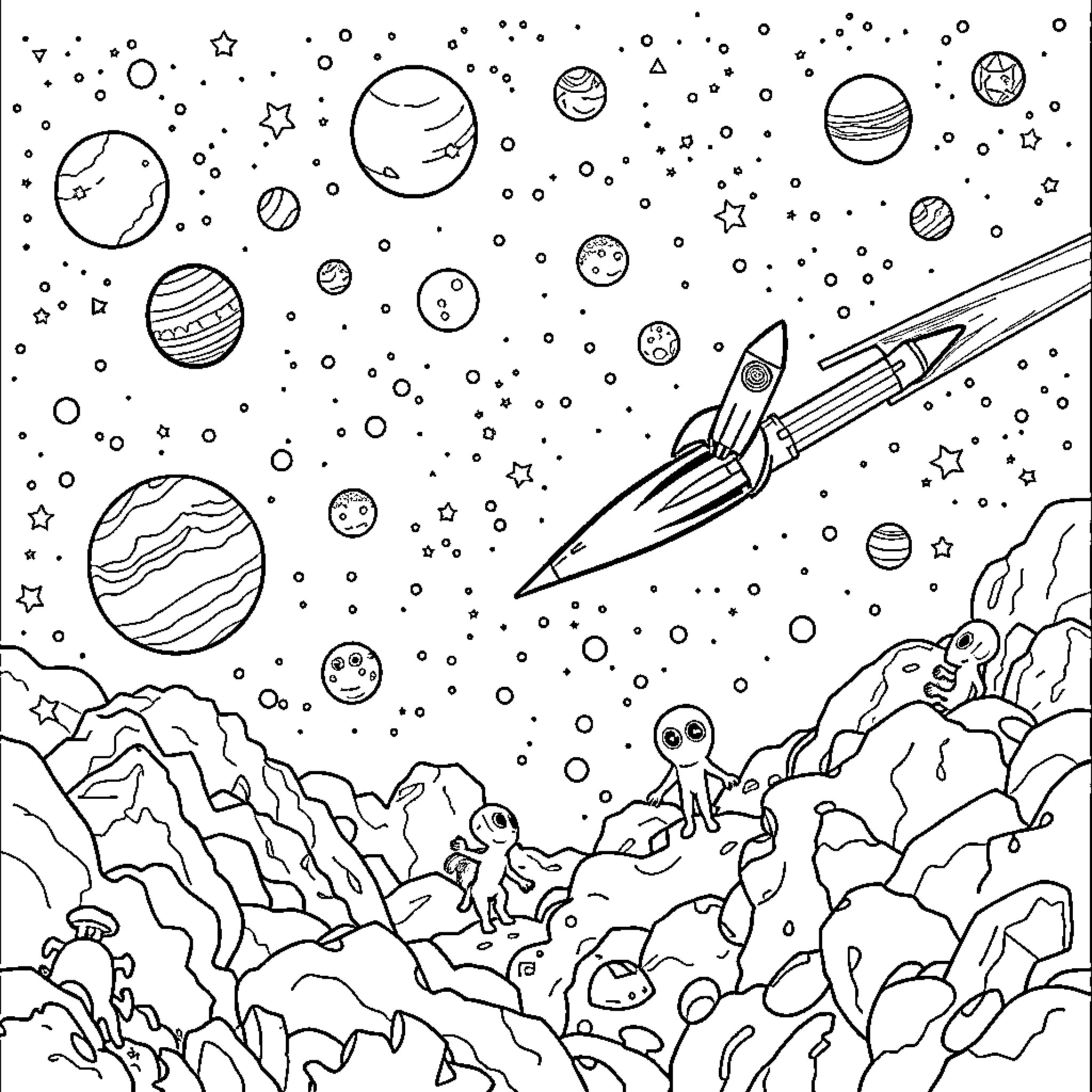 Space Exploration and Planetary Scenes Coloring Page (free black-and-white line drawing printable PDF for all, from beginners to advanced learners, including children, teens, adults, and seniors)