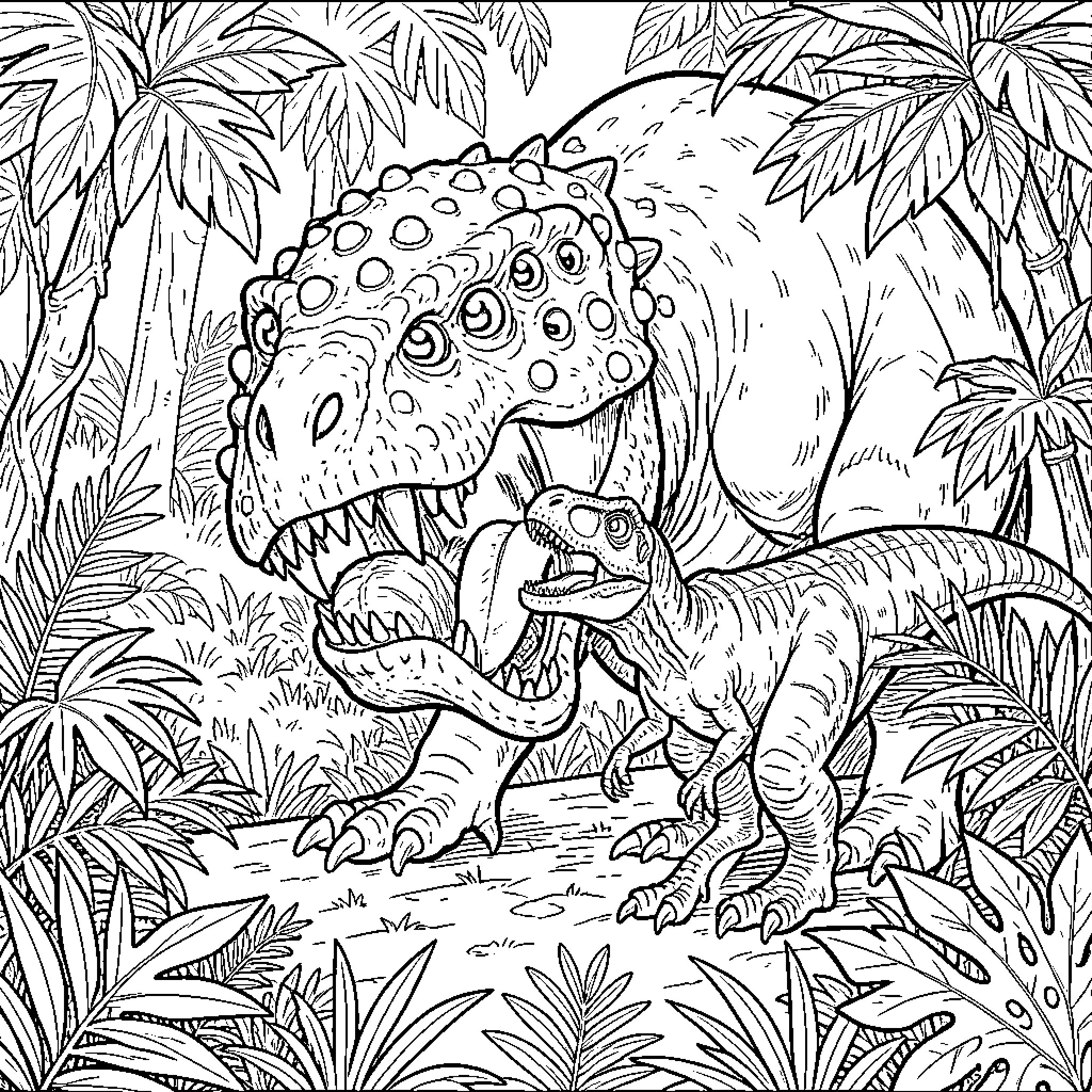 Beast stomping through the jungle Coloring Page (free black-and-white line drawing printable PDF for all, from beginners to advanced learners, including children, teens, adults, and seniors)