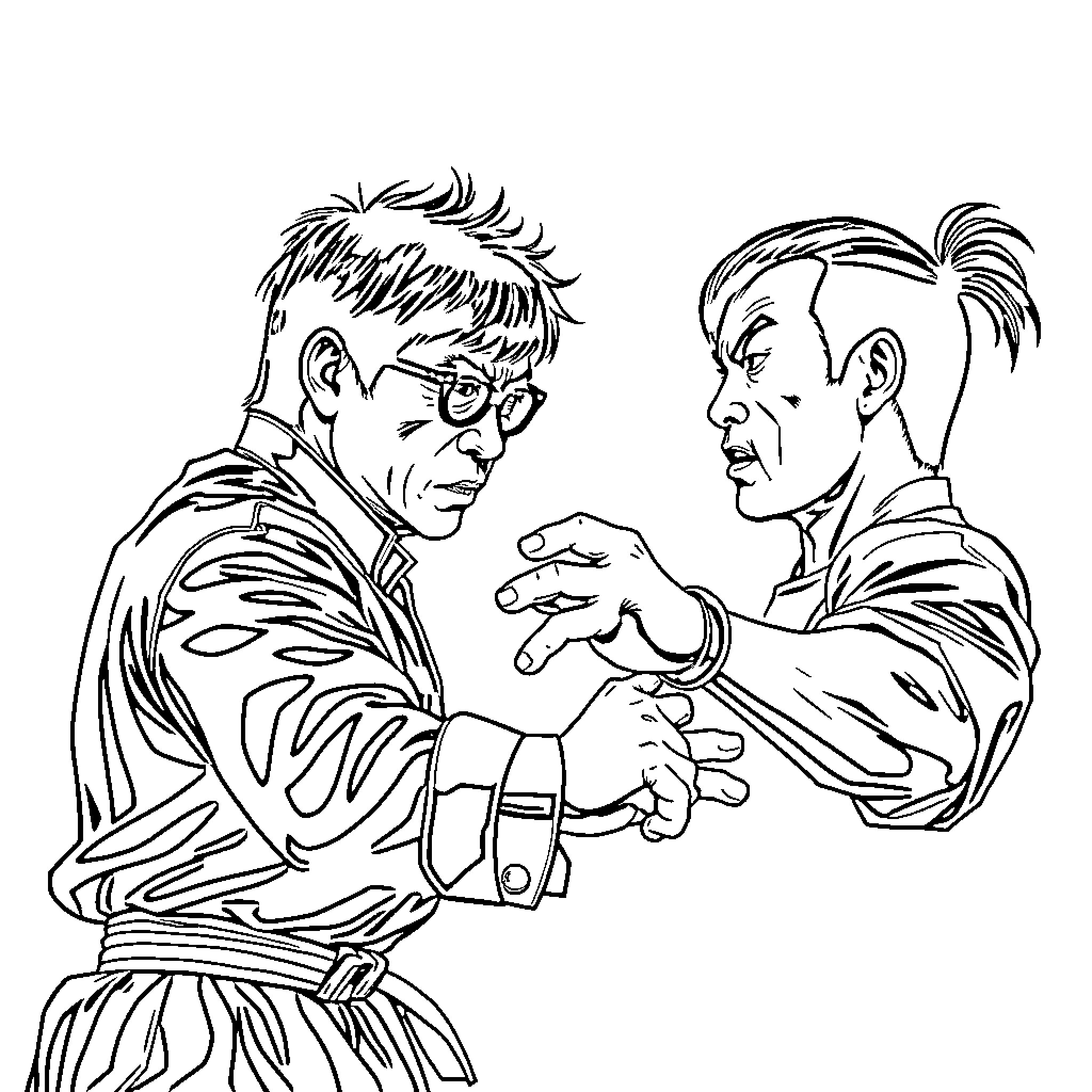 Jackie Chan in a dramatic martial arts pose Coloring Page (free black-and-white line drawing printable PDF for all, from beginners to advanced learners, including children, teens, adults, and seniors)