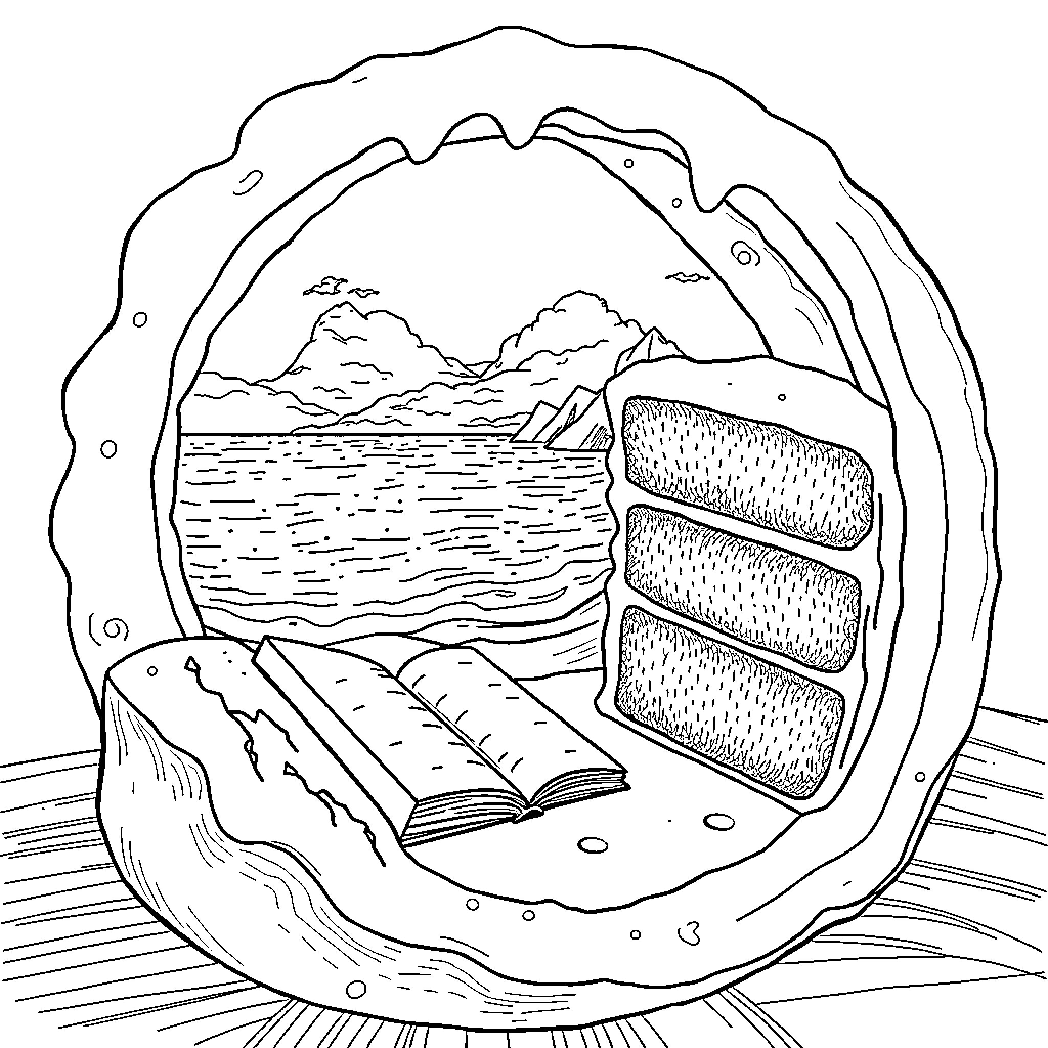 Cake with a scenic landscape Coloring Page (free black-and-white line drawing printable PDF for all, from beginners to advanced learners, including children, teens, adults, and seniors)