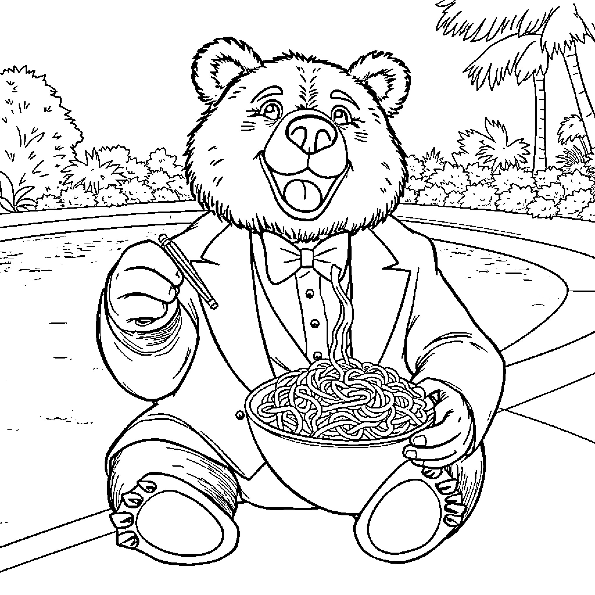 Bear enjoying a bowl of spaghetti in the park Coloring Page (free black-and-white line drawing printable PDF for all, from beginners to advanced learners, including children, teens, adults, and seniors)