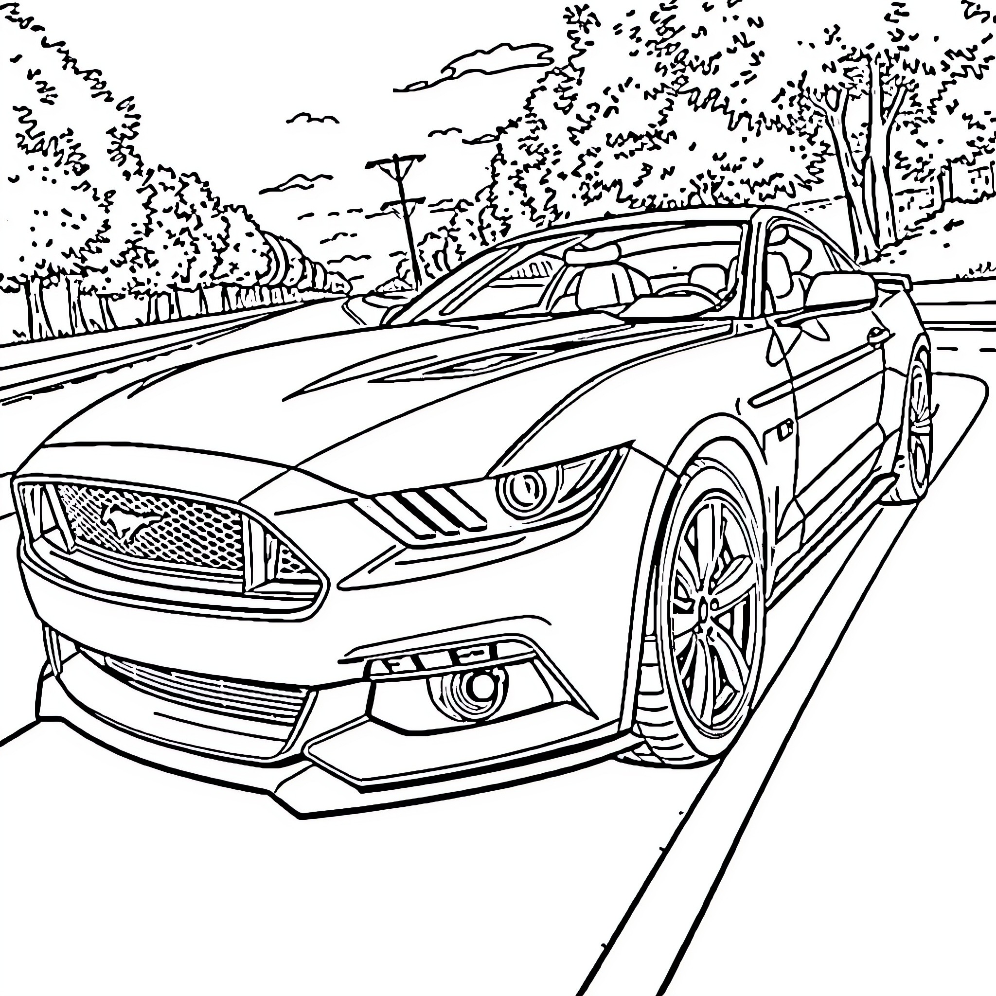 Mustang speeding down the scenic road Coloring Page (free black-and-white line drawing printable PDF for all, from beginners to advanced learners, including children, teens, adults, and seniors)