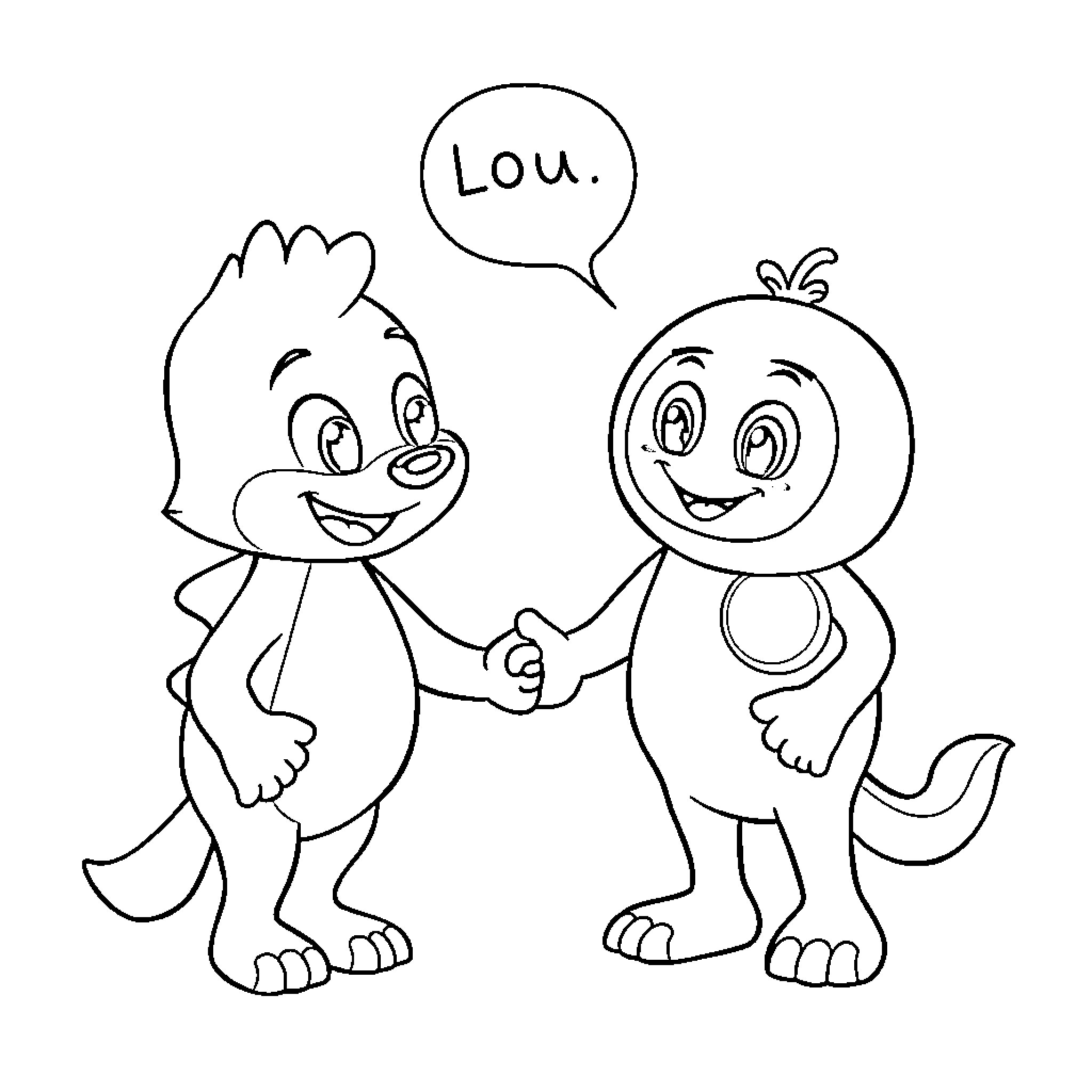 Bluey and friend playing and chatting happily Coloring Page (free black-and-white line drawing printable PDF for all, from beginners to advanced learners, including children, teens, adults, and seniors)