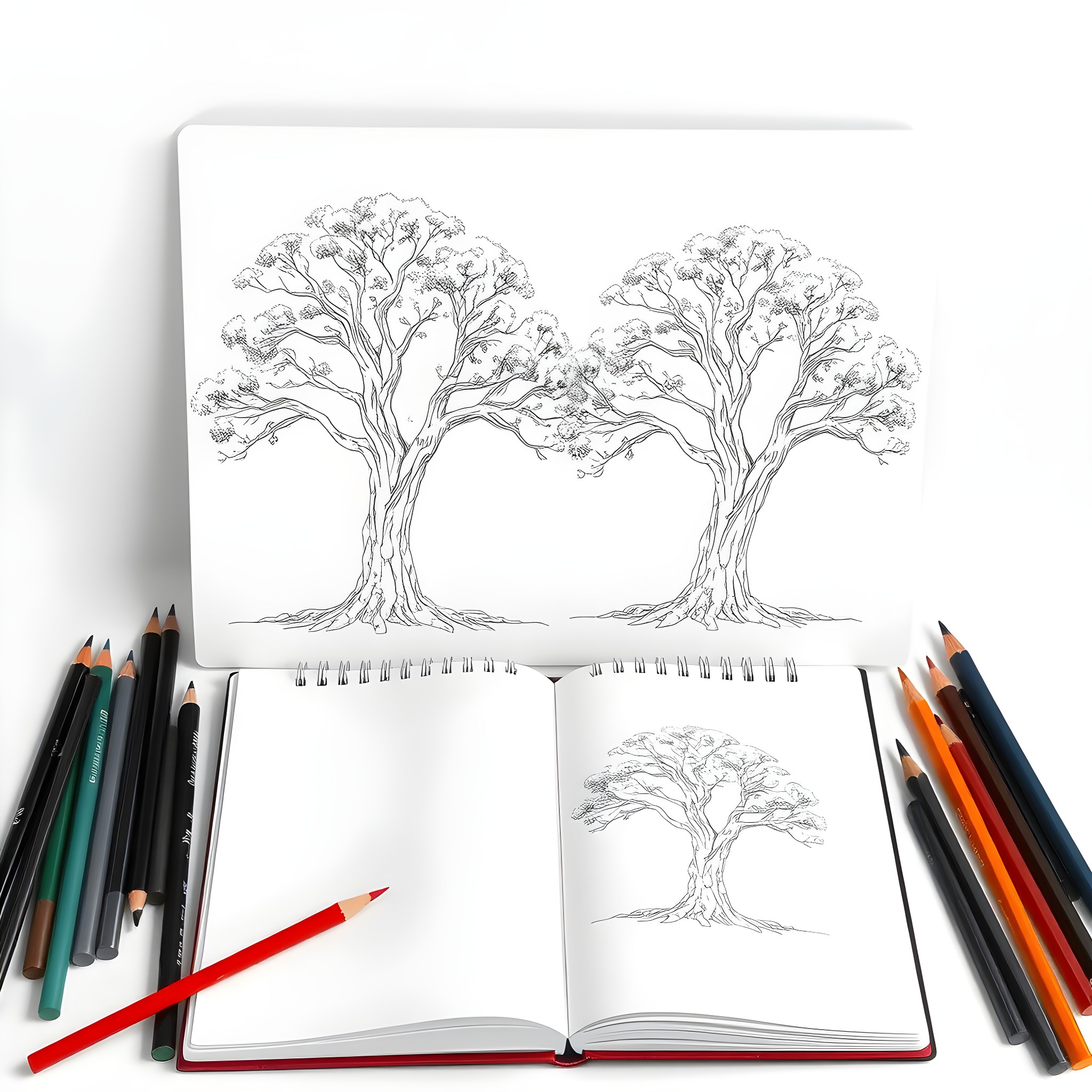 Drawing of trees in a landscape Coloring Page (free black-and-white line drawing printable PDF for all, from beginners to advanced learners, including children, teens, adults, and seniors)
