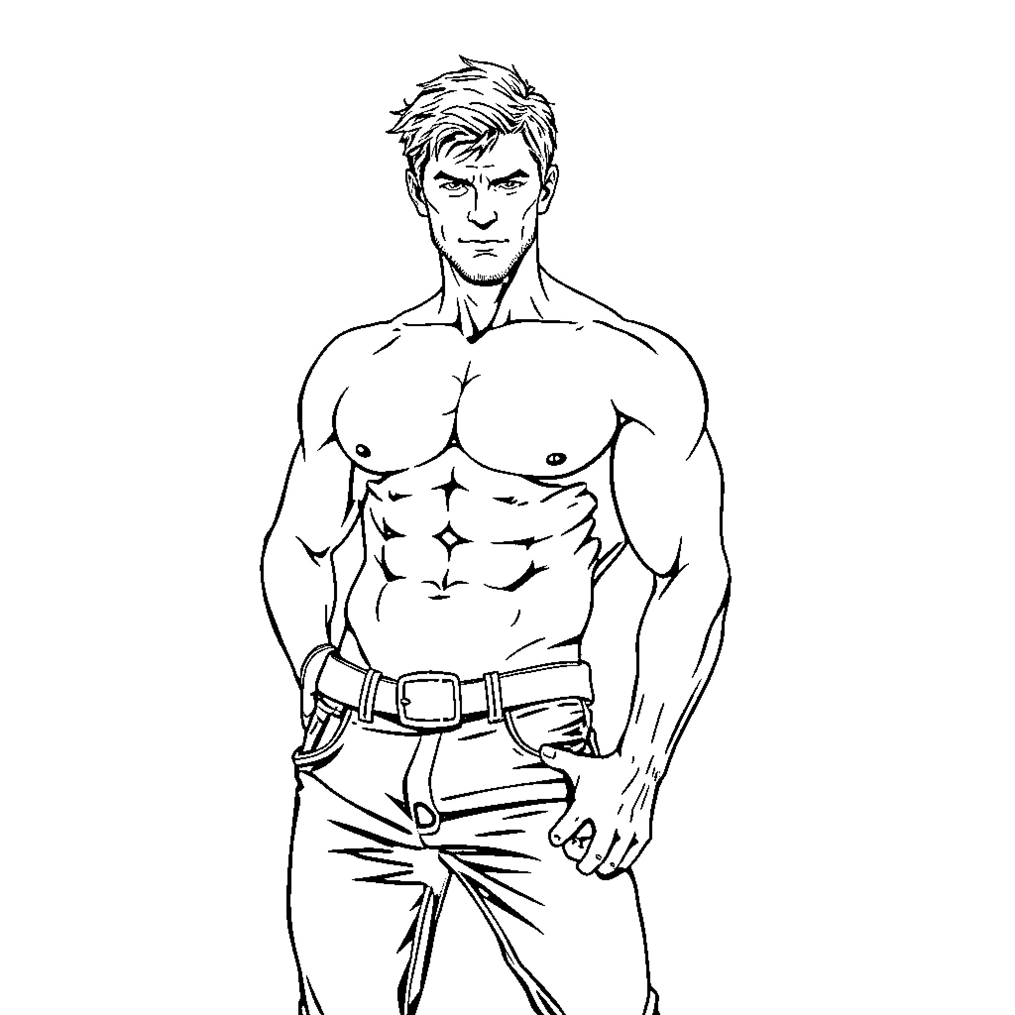 Kit Connor posing confidently with muscular physique Coloring Page (free black-and-white line drawing printable PDF for all, from beginners to advanced learners, including children, teens, adults, and seniors)