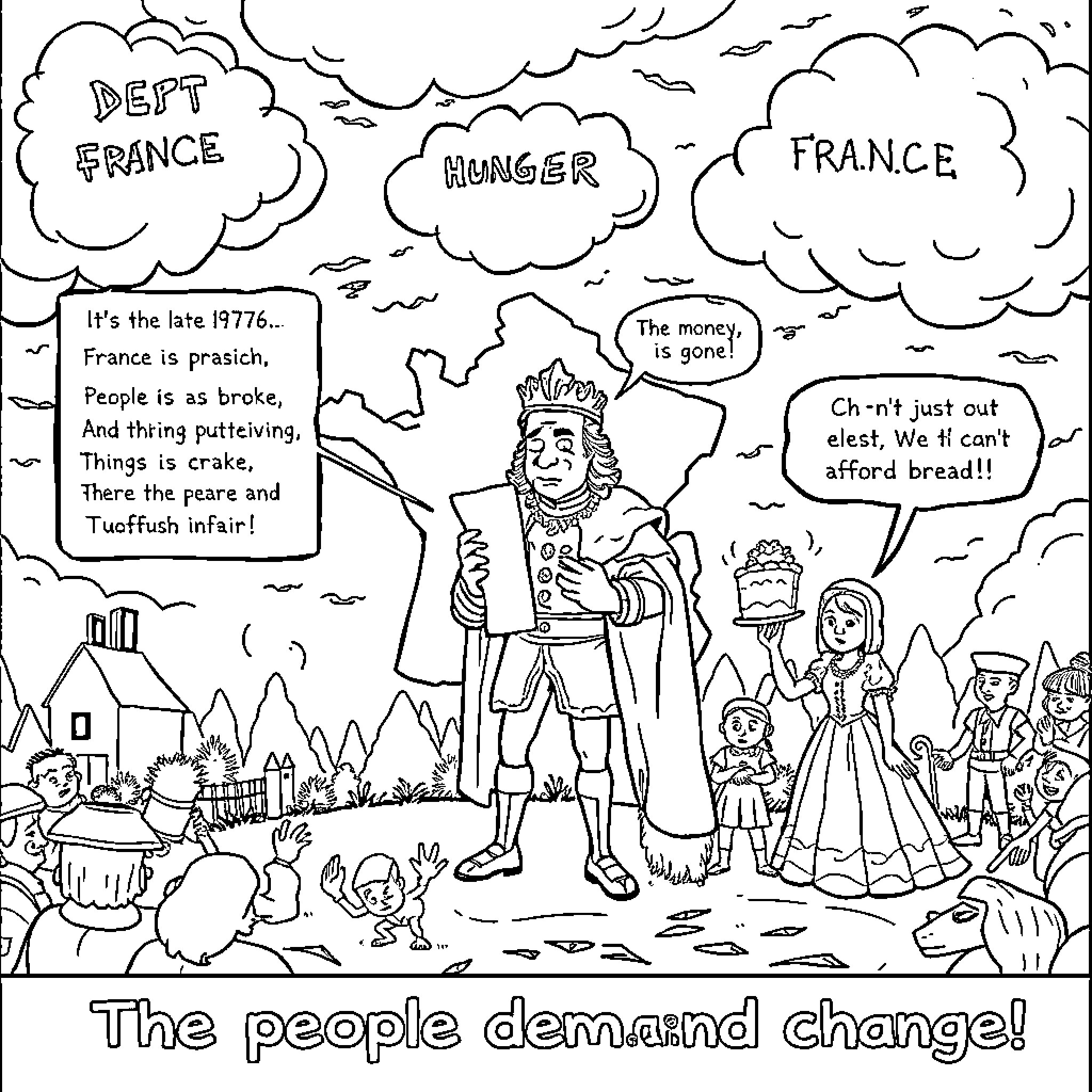 France: The People Demand Change During Hard Times Coloring Page (free black-and-white line drawing printable PDF for all, from beginners to advanced learners, including children, teens, adults, and seniors)