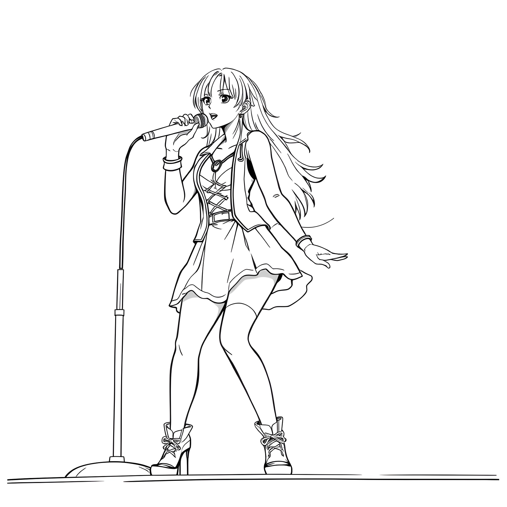 Nami, the Singing Idol Performing on Stage Coloring Page (free black-and-white line drawing printable PDF for all, from beginners to advanced learners, including children, teens, adults, and seniors)
