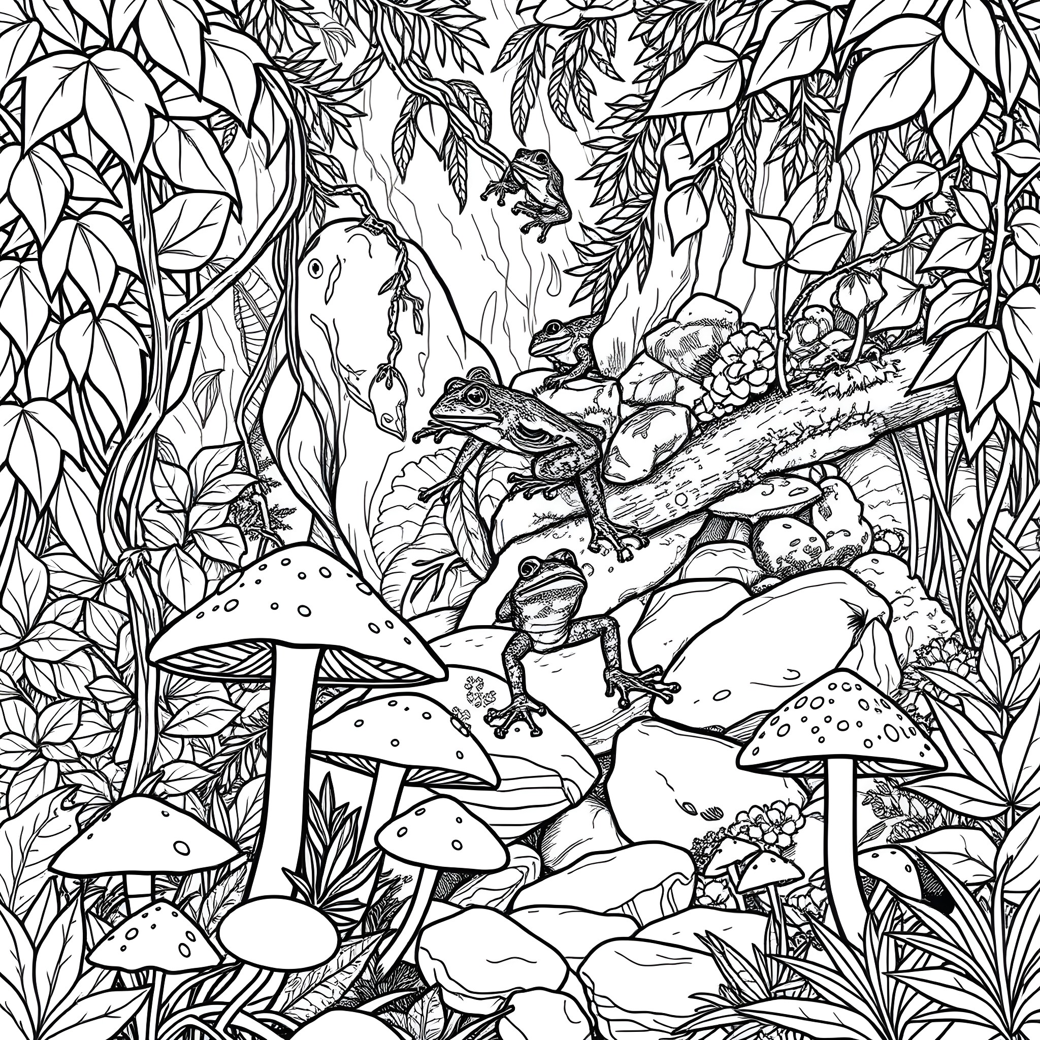 Mushroom fantasy forest with enchanting creatures Coloring Page (free black-and-white line drawing printable PDF for all, from beginners to advanced learners, including children, teens, adults, and seniors)