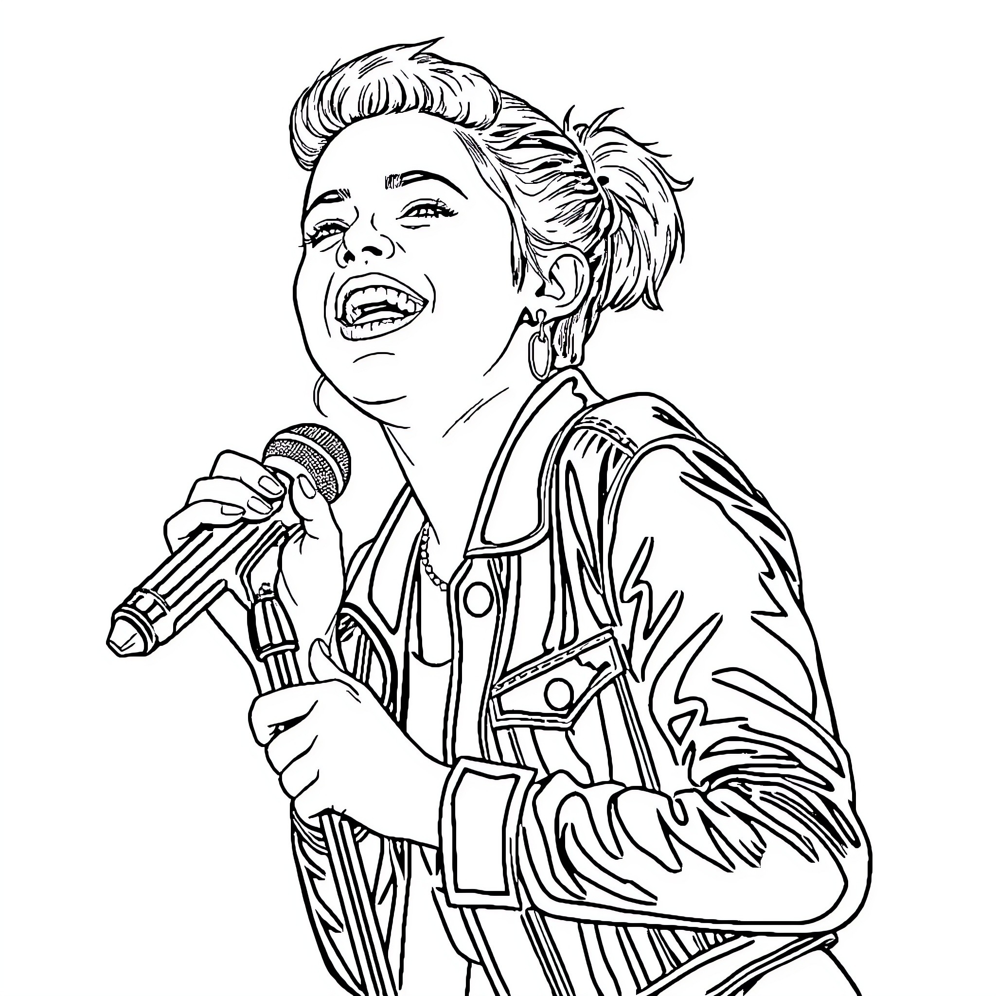 Miley Cyrus performing energetically on stage Coloring Page (free black-and-white line drawing printable PDF for all, from beginners to advanced learners, including children, teens, adults, and seniors)