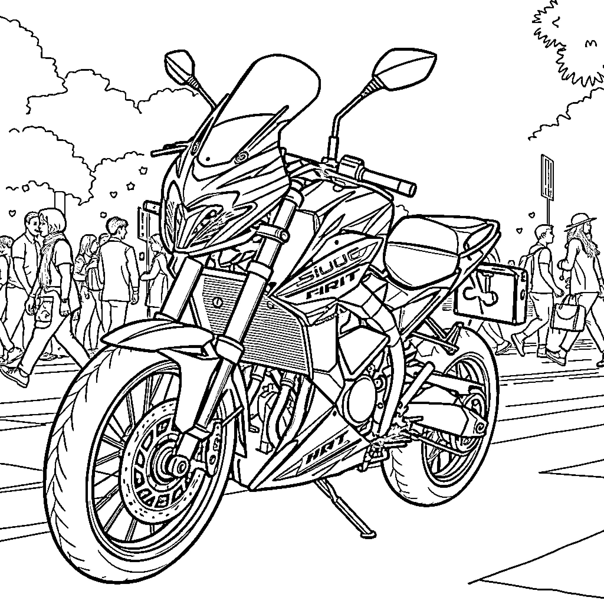 Moto Riders Navigating Urban Streets Coloring Page (free black-and-white line drawing printable PDF for all, from beginners to advanced learners, including children, teens, adults, and seniors)