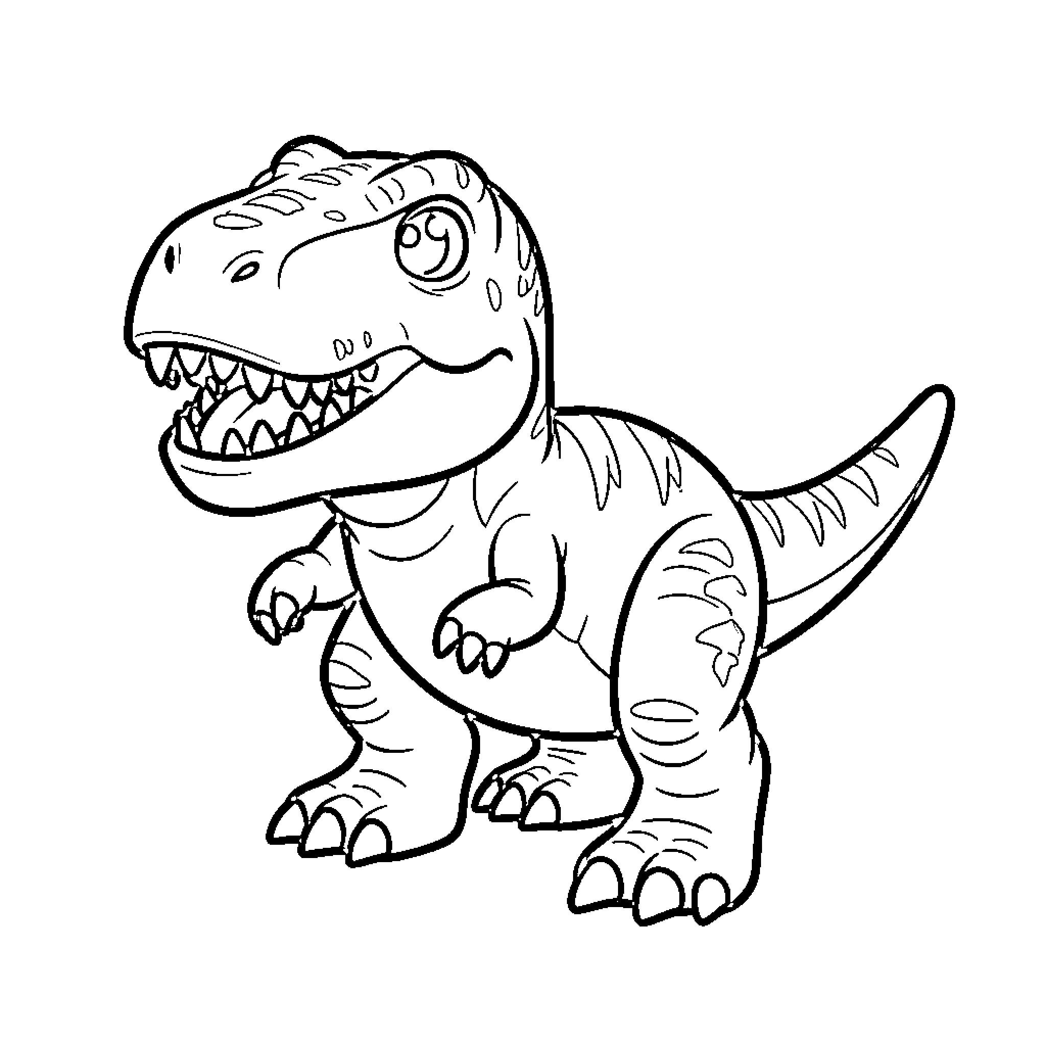 Tyrannosaurus rex smiling with an open mouth Coloring Page (free black-and-white line drawing printable PDF for all, from beginners to advanced learners, including children, teens, adults, and seniors)
