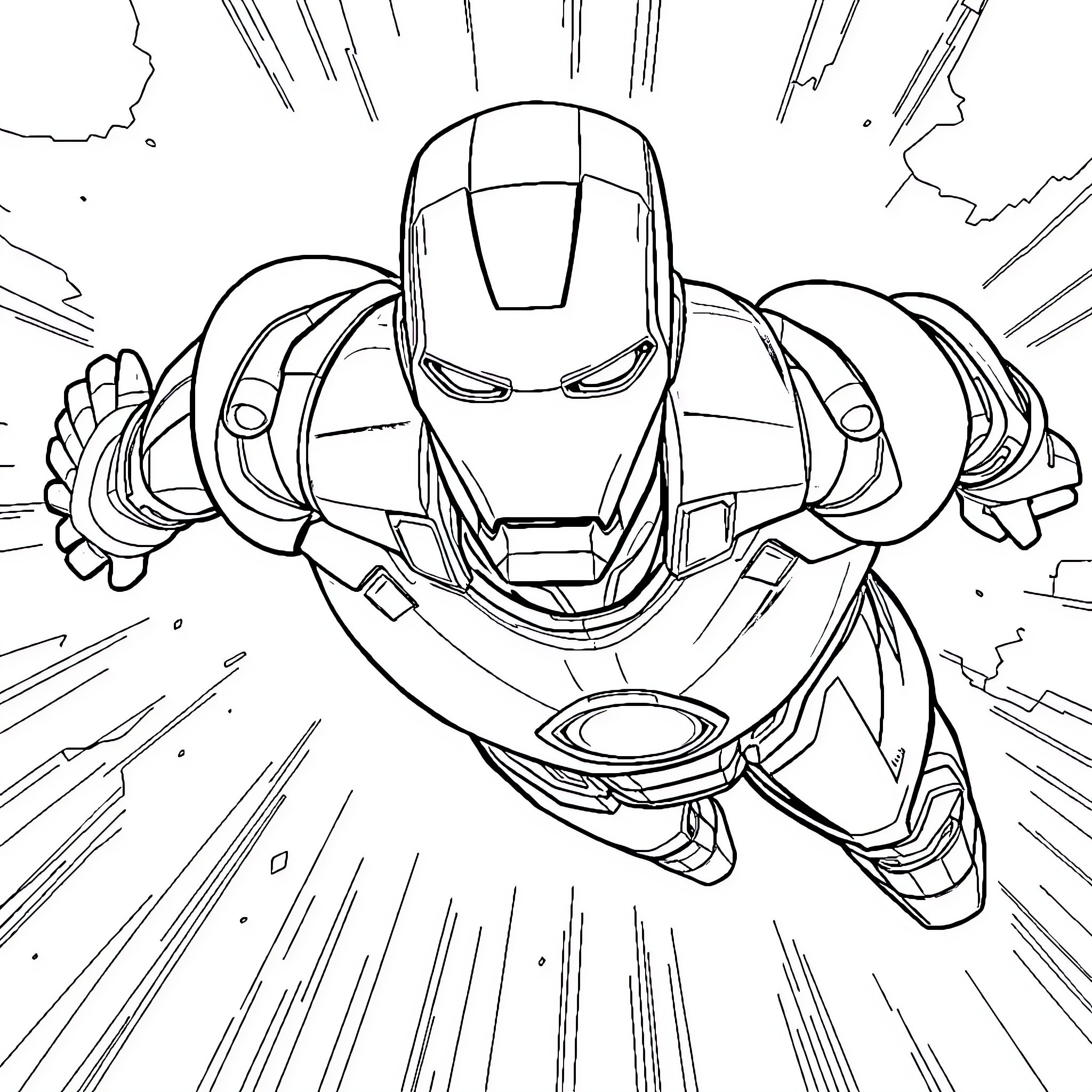 Ironman in action: Heroic pose and powerful energy Coloring Page (free black-and-white line drawing printable PDF for all, from beginners to advanced learners, including children, teens, adults, and seniors)