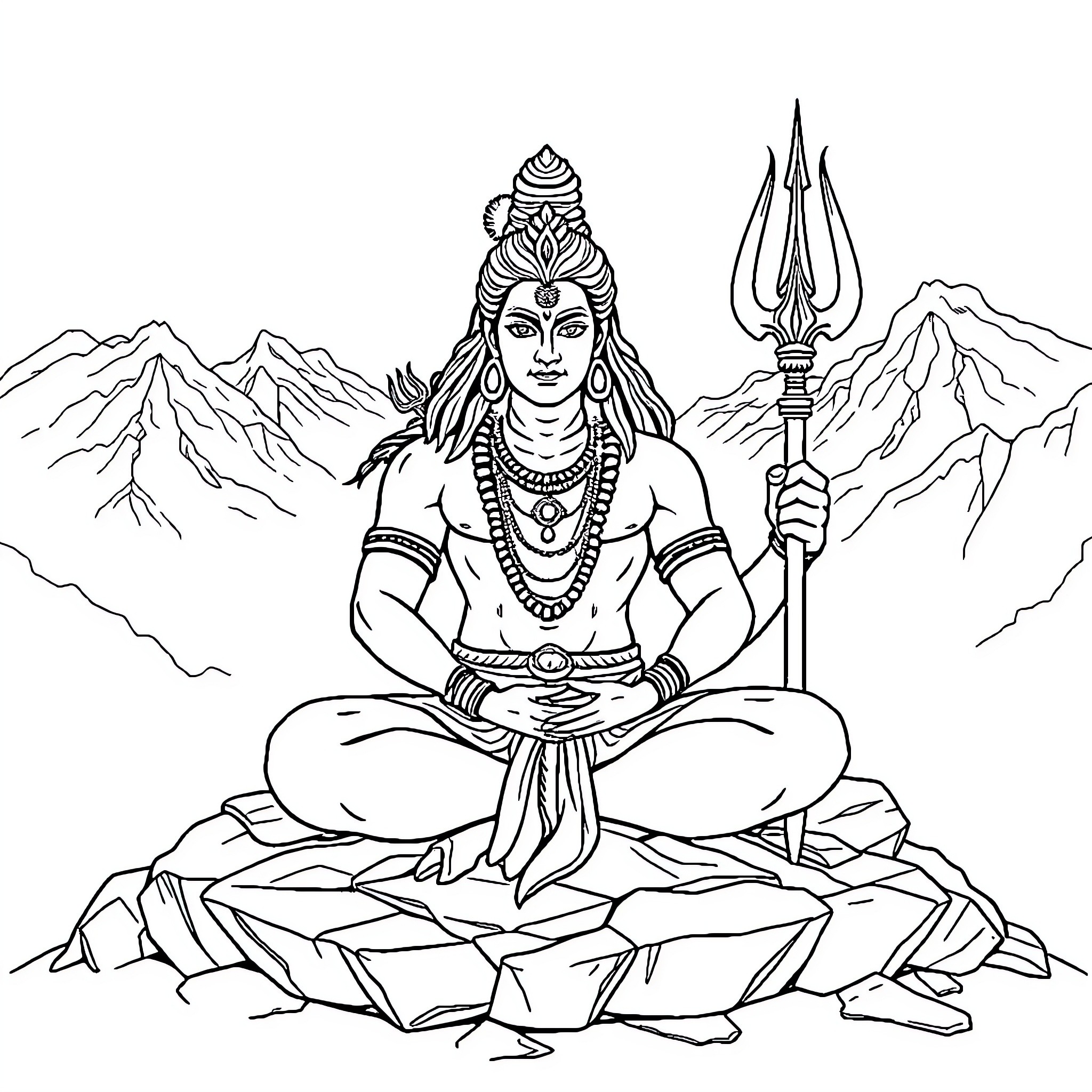 Lord Shiva in Meditative Pose with Trident Weapon Coloring Page (free black-and-white line drawing printable PDF for all, from beginners to advanced learners, including children, teens, adults, and seniors)
