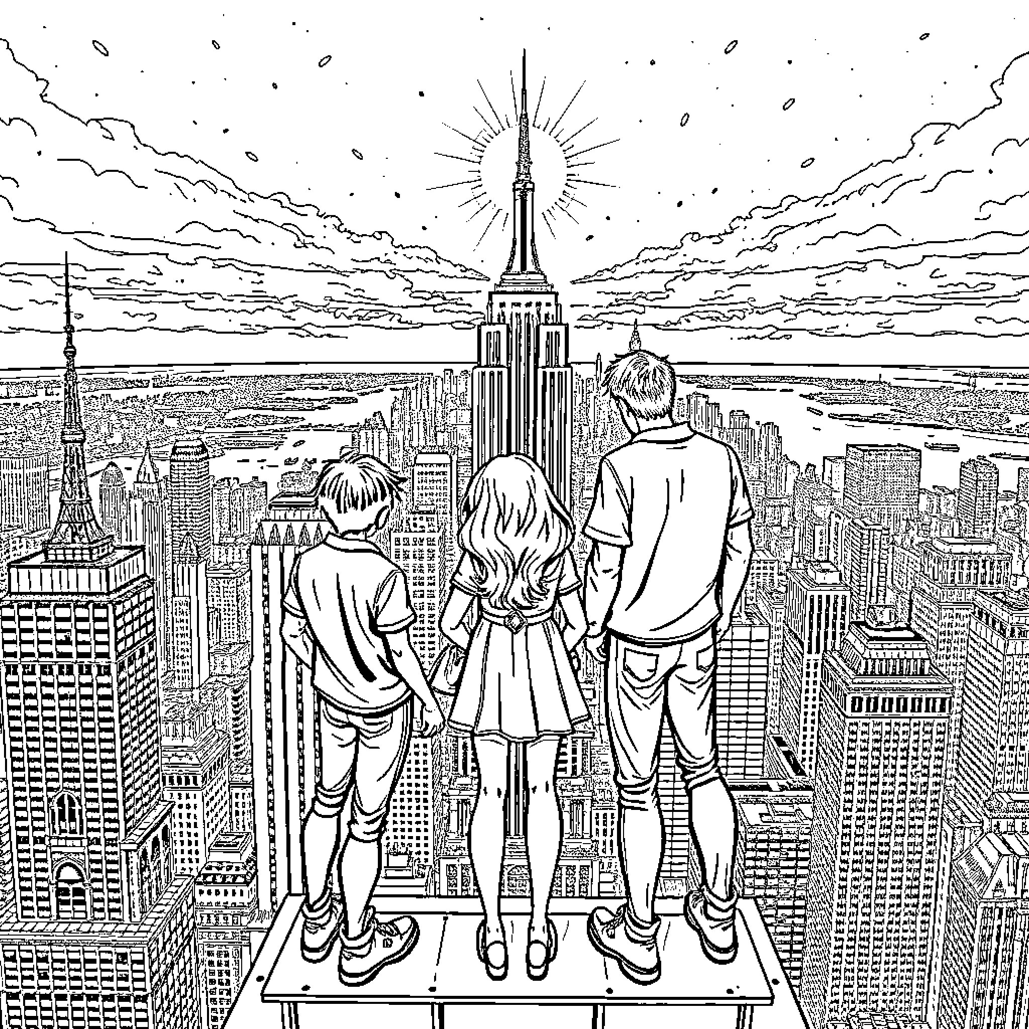 Percy Jackson and friends explore the magical city Coloring Page (free black-and-white line drawing printable PDF for all, from beginners to advanced learners, including children, teens, adults, and seniors)