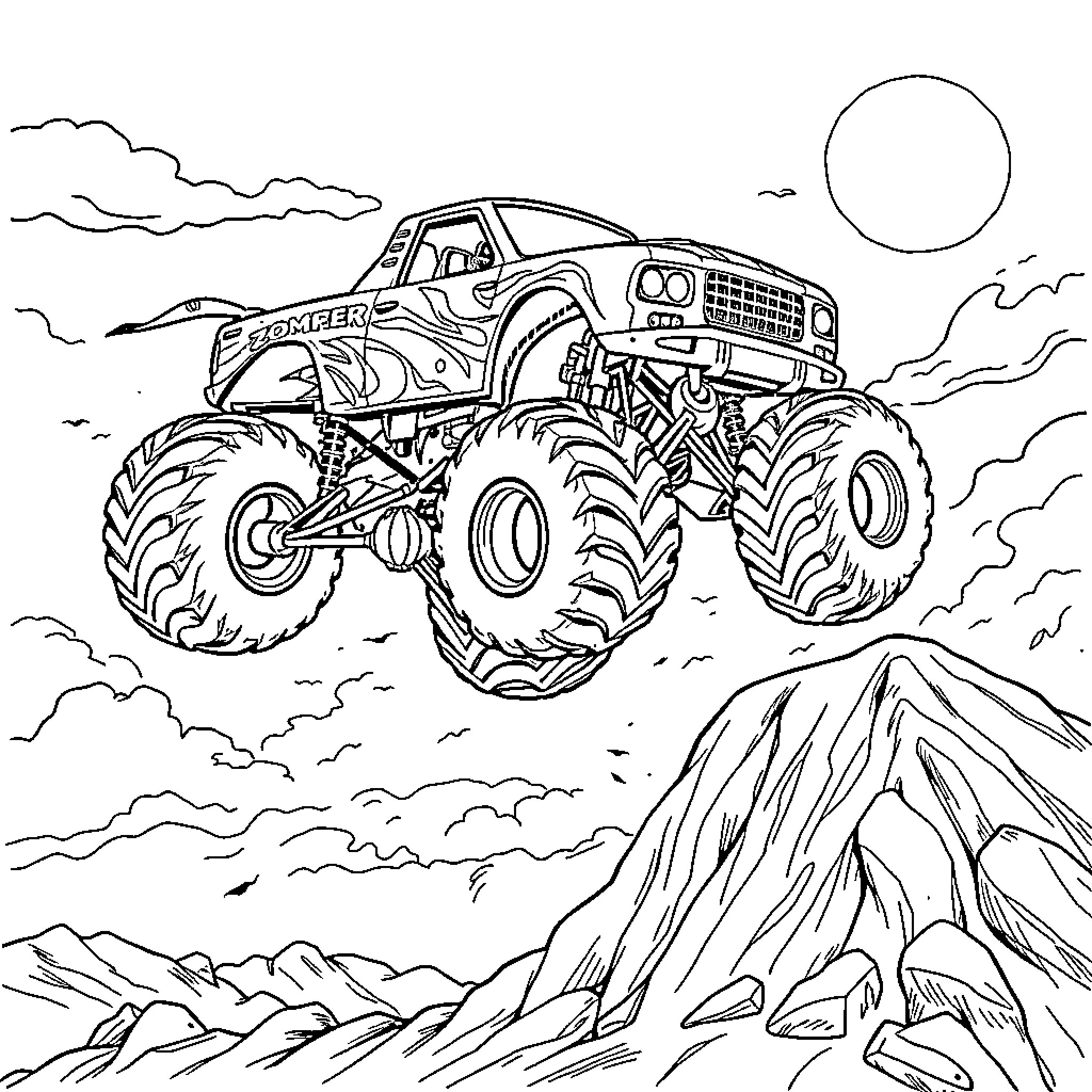 Zombie Truck Jumps over Rugged Terrain Coloring Page (free black-and-white line drawing printable PDF for all, from beginners to advanced learners, including children, teens, adults, and seniors)
