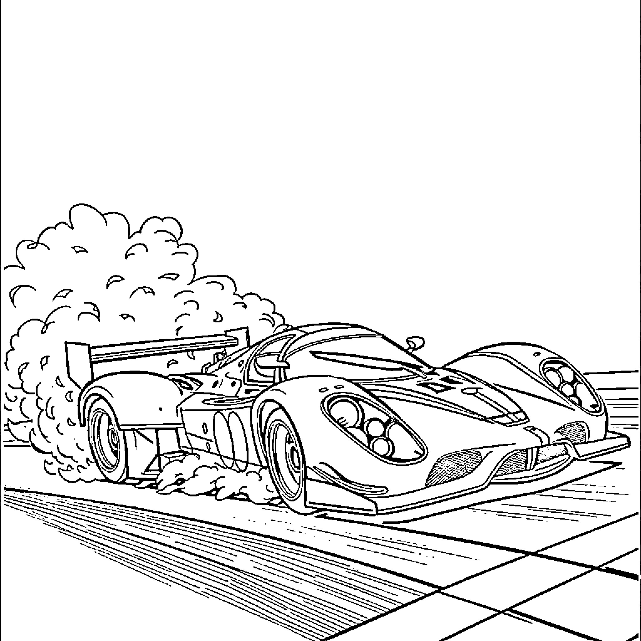 Coche high-speed racing on the track Coloring Page (free black-and-white line drawing printable PDF for all, from beginners to advanced learners, including children, teens, adults, and seniors)