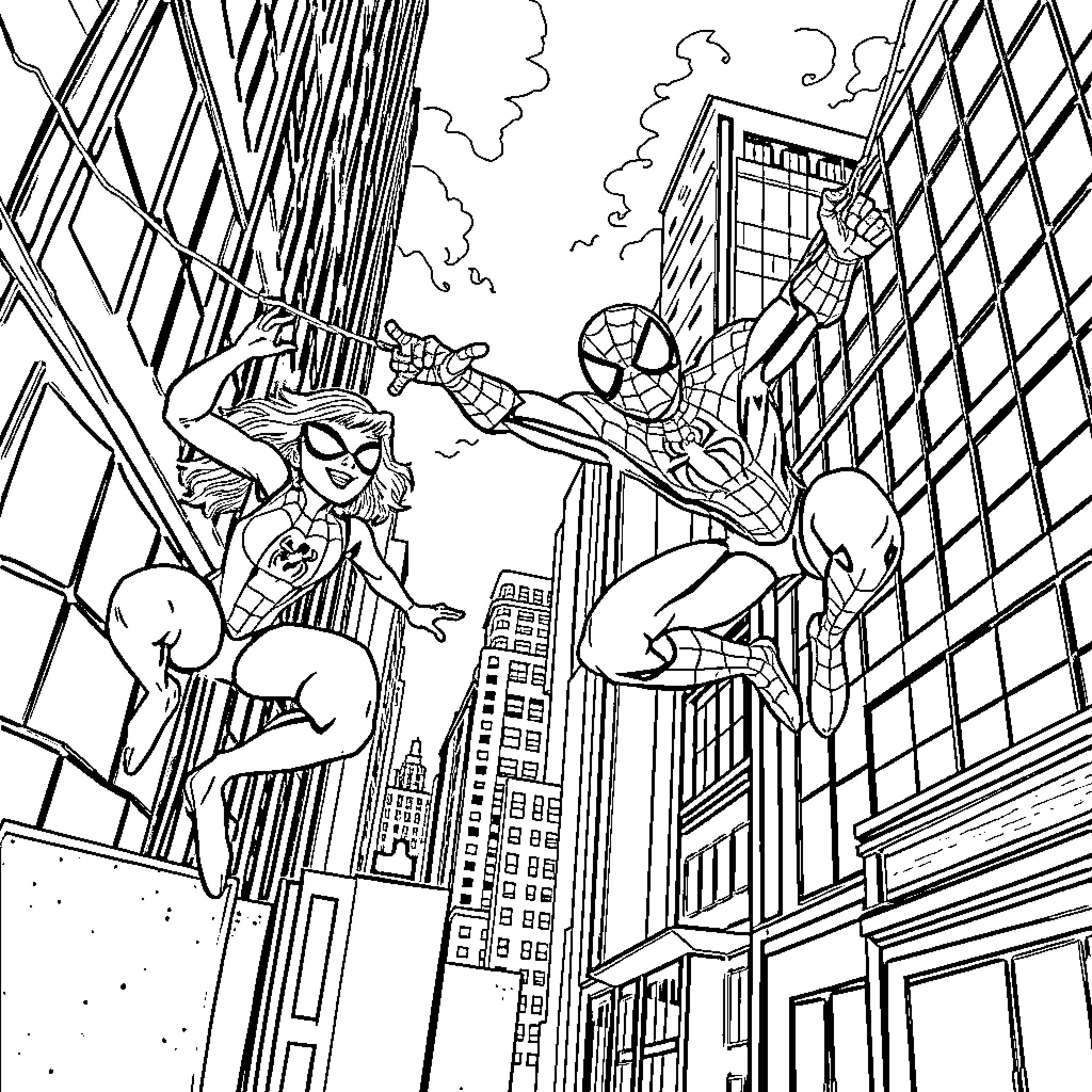 Spider-Heroes Swinging Through the City Coloring Page (free black-and-white line drawing printable PDF for all, from beginners to advanced learners, including children, teens, adults, and seniors)