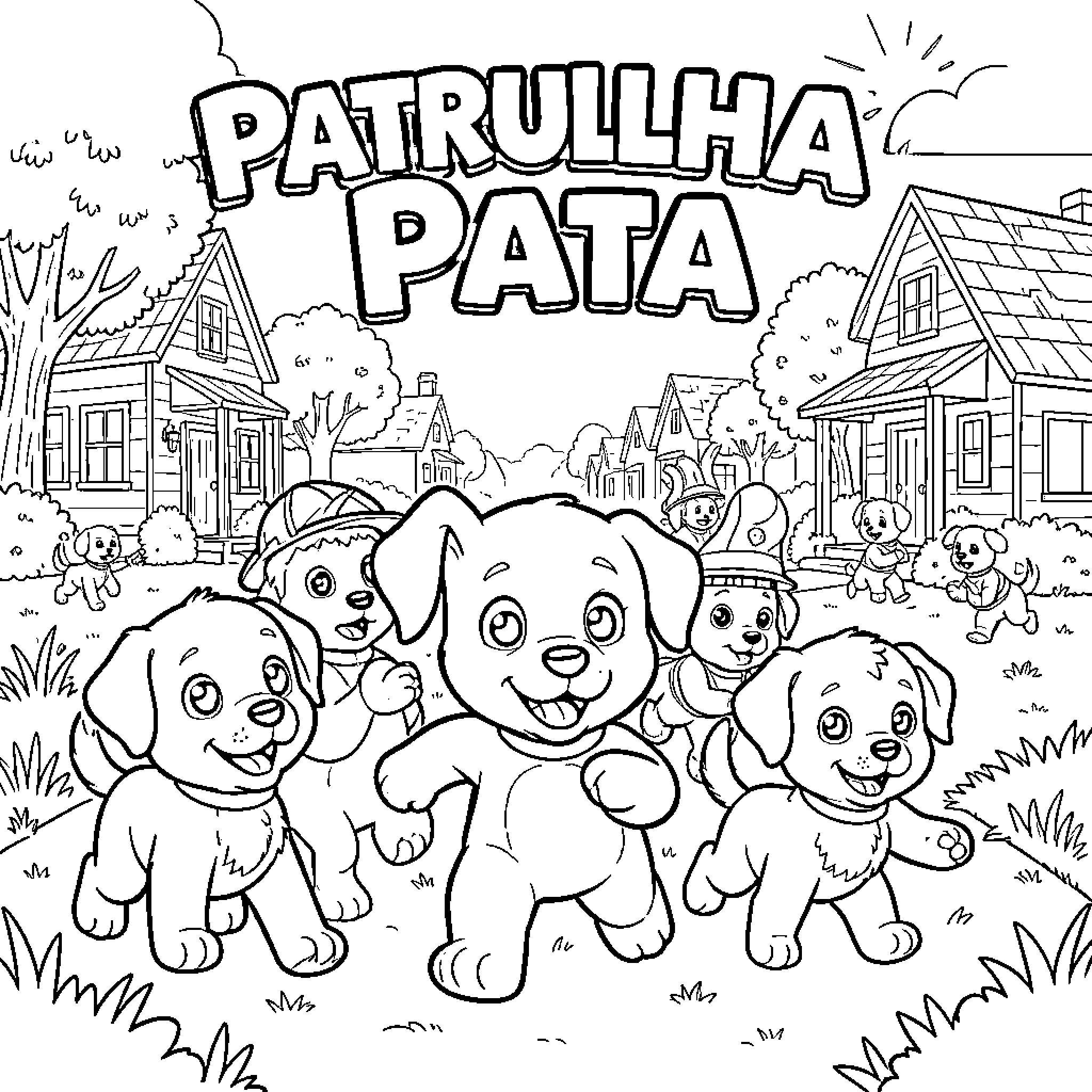 Paw Patrol Pups Exploring Neighborhood Coloring Page (free black-and-white line drawing printable PDF for all, from beginners to advanced learners, including children, teens, adults, and seniors)