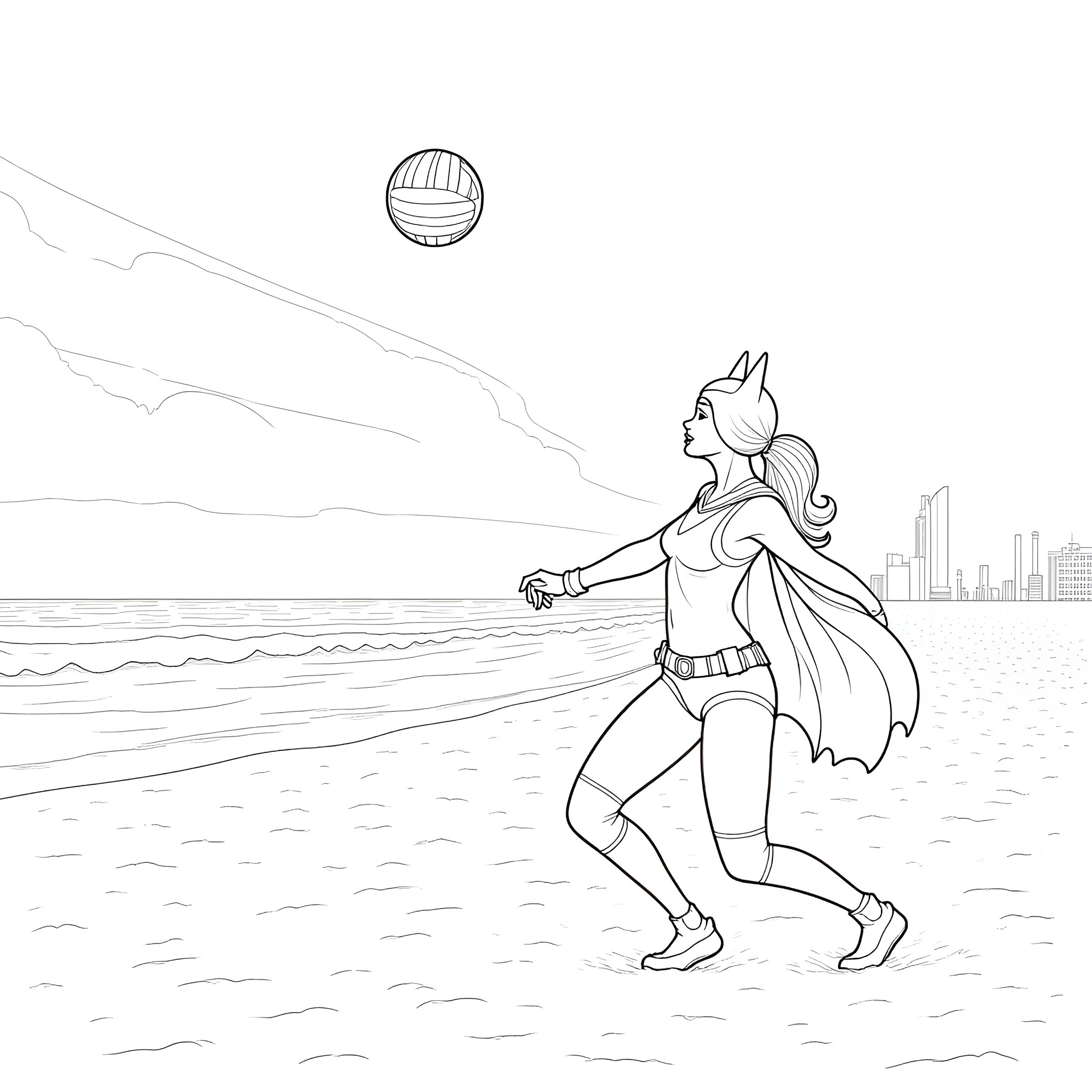 Batgirl playing beach volleyball in the city Coloring Page (free black-and-white line drawing printable PDF for all, from beginners to advanced learners, including children, teens, adults, and seniors)