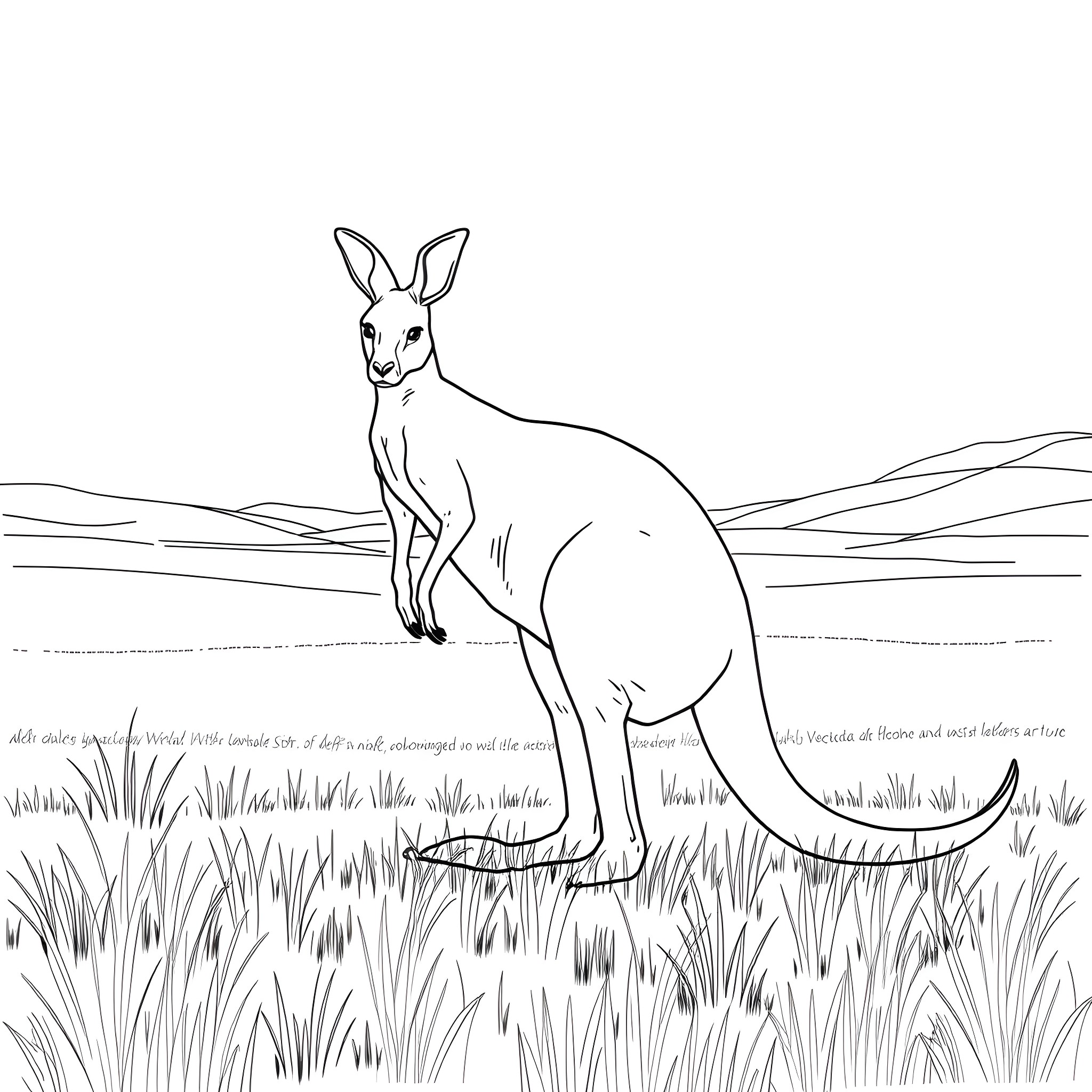 Kangaroo standing in the grassy field Coloring Page (free black-and-white line drawing printable PDF for all, from beginners to advanced learners, including children, teens, adults, and seniors)