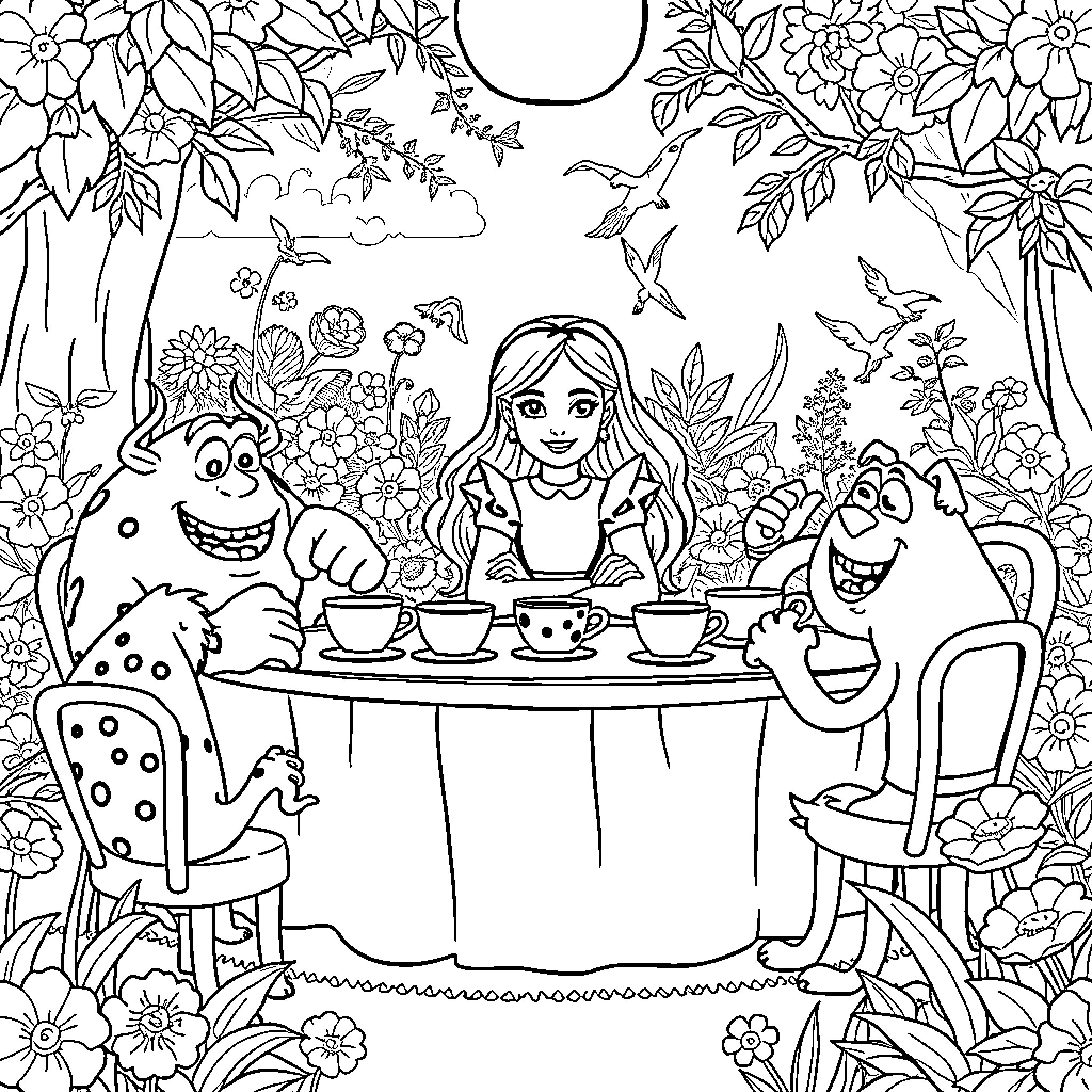 Alice's Enchanted Garden Tea Party Coloring Page (free black-and-white line drawing printable PDF for all, from beginners to advanced learners, including children, teens, adults, and seniors)