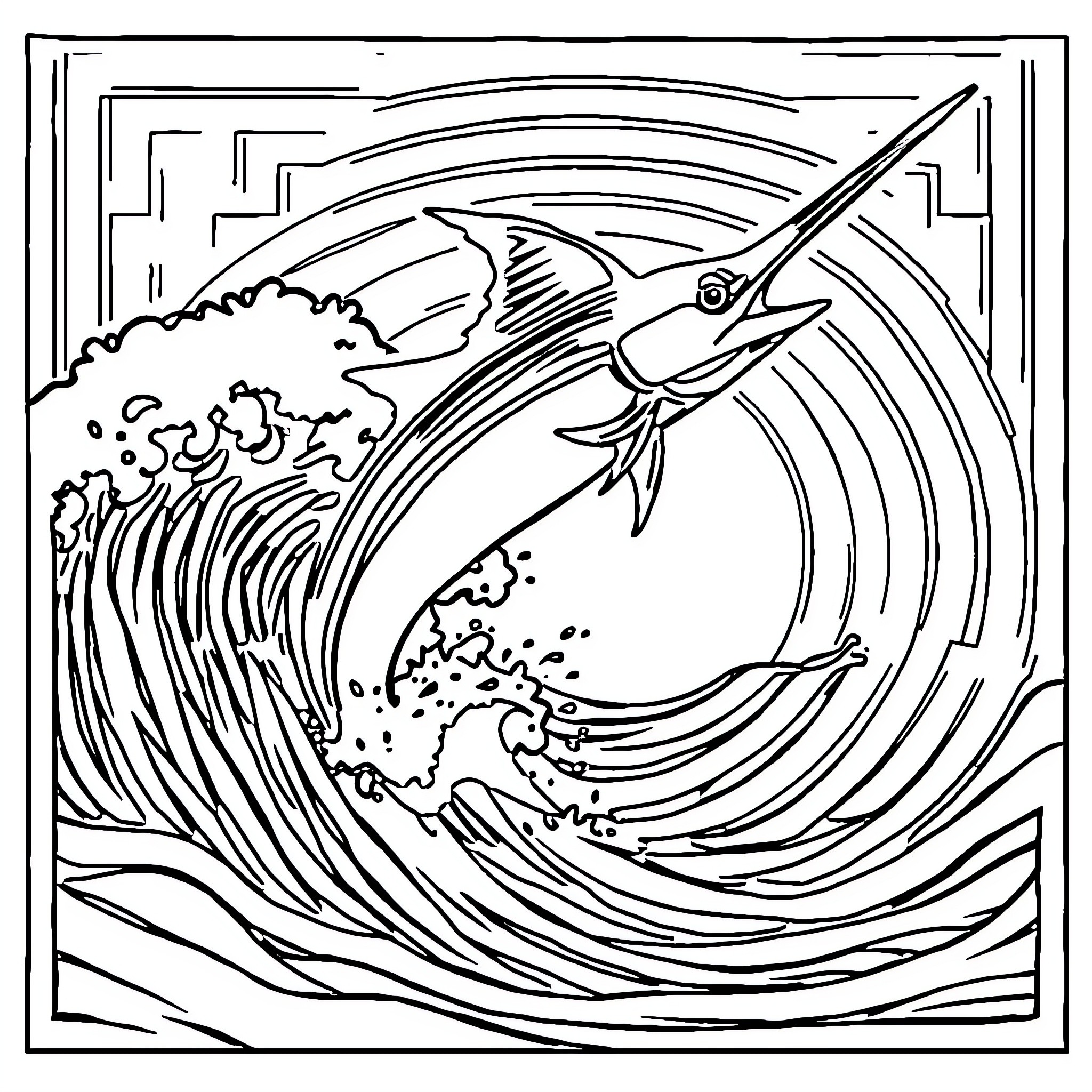 Marlin leaping through crashing waves Coloring Page (free black-and-white line drawing printable PDF for all, from beginners to advanced learners, including children, teens, adults, and seniors)