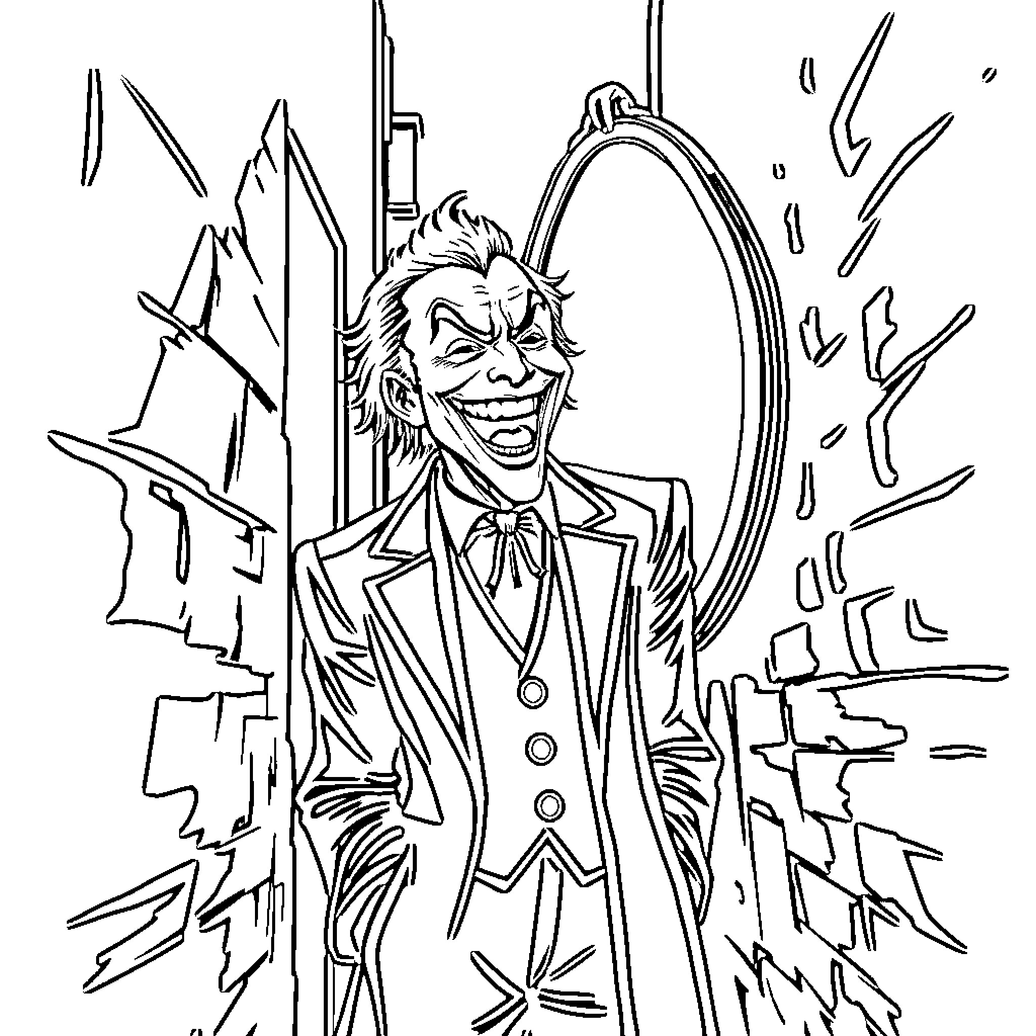 Joker's Mischievous Grin in the Chaos Coloring Page (free black-and-white line drawing printable PDF for all, from beginners to advanced learners, including children, teens, adults, and seniors)
