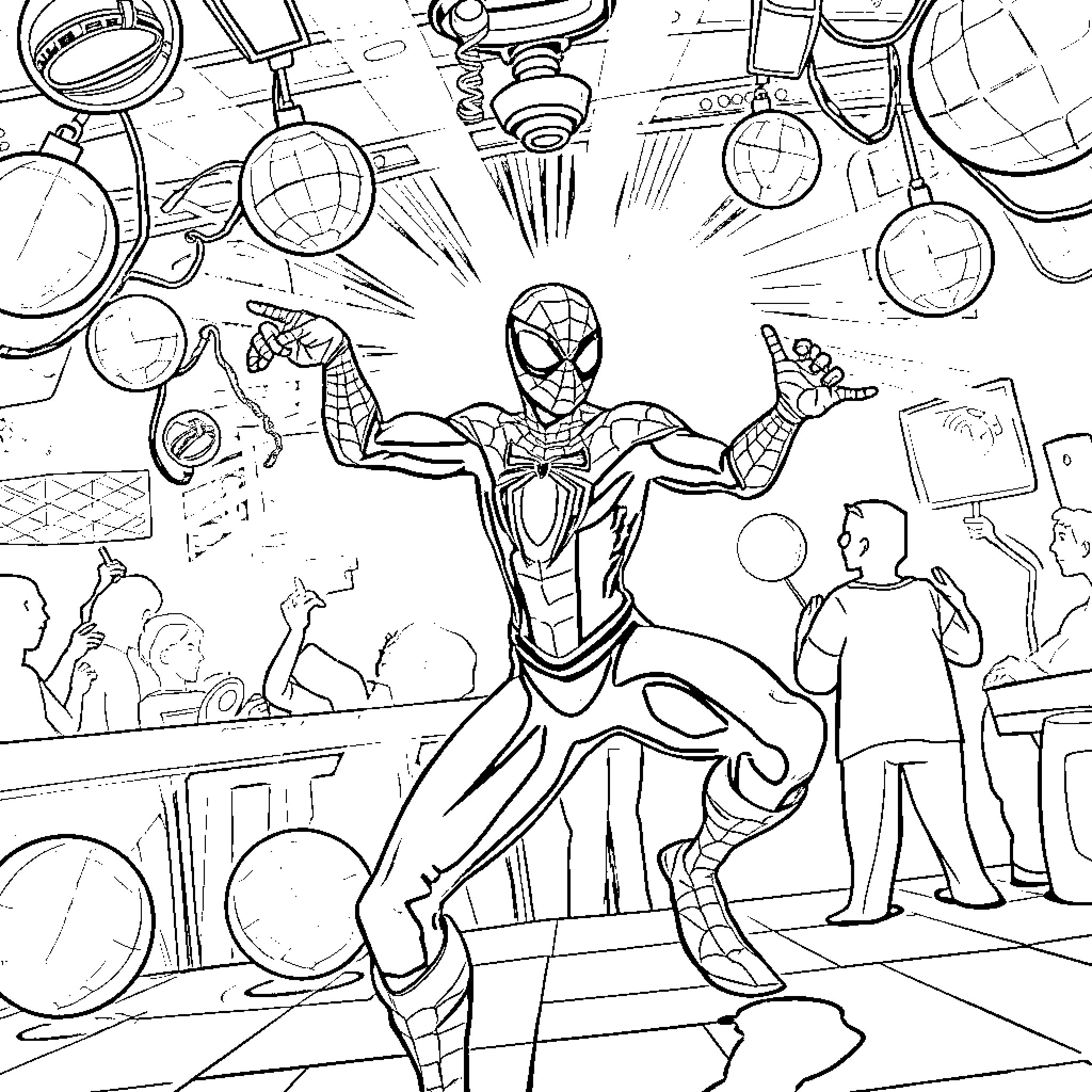 Spiderman's Heroic Adventures in a Futuristic Lab Coloring Page (free black-and-white line drawing printable PDF for all, from beginners to advanced learners, including children, teens, adults, and seniors)