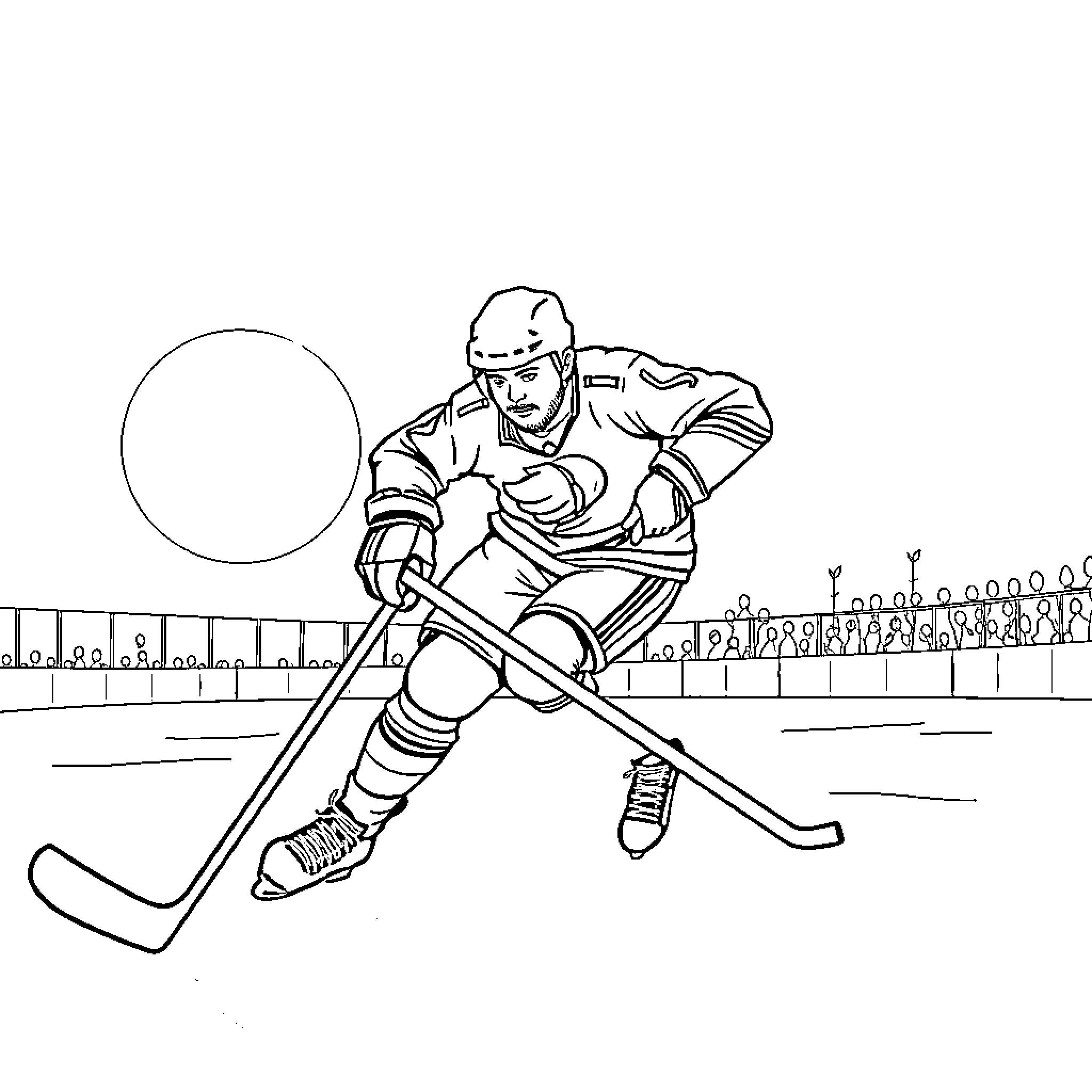 Irishman playing hockey on ice rink Coloring Page (free black-and-white line drawing printable PDF for all, from beginners to advanced learners, including children, teens, adults, and seniors)