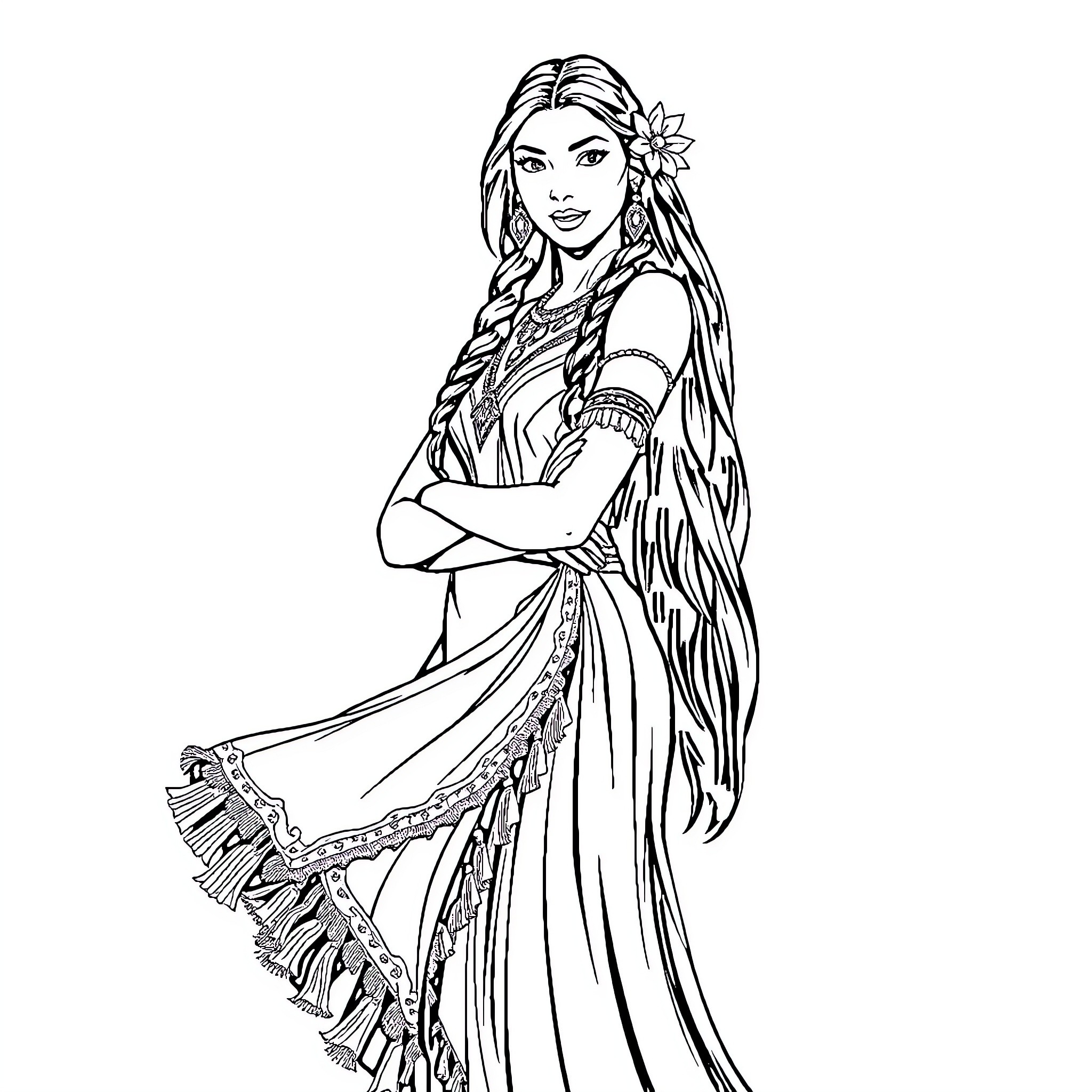 Pocahontas posing in traditional Native American attire Coloring Page (free black-and-white line drawing printable PDF for all, from beginners to advanced learners, including children, teens, adults, and seniors)