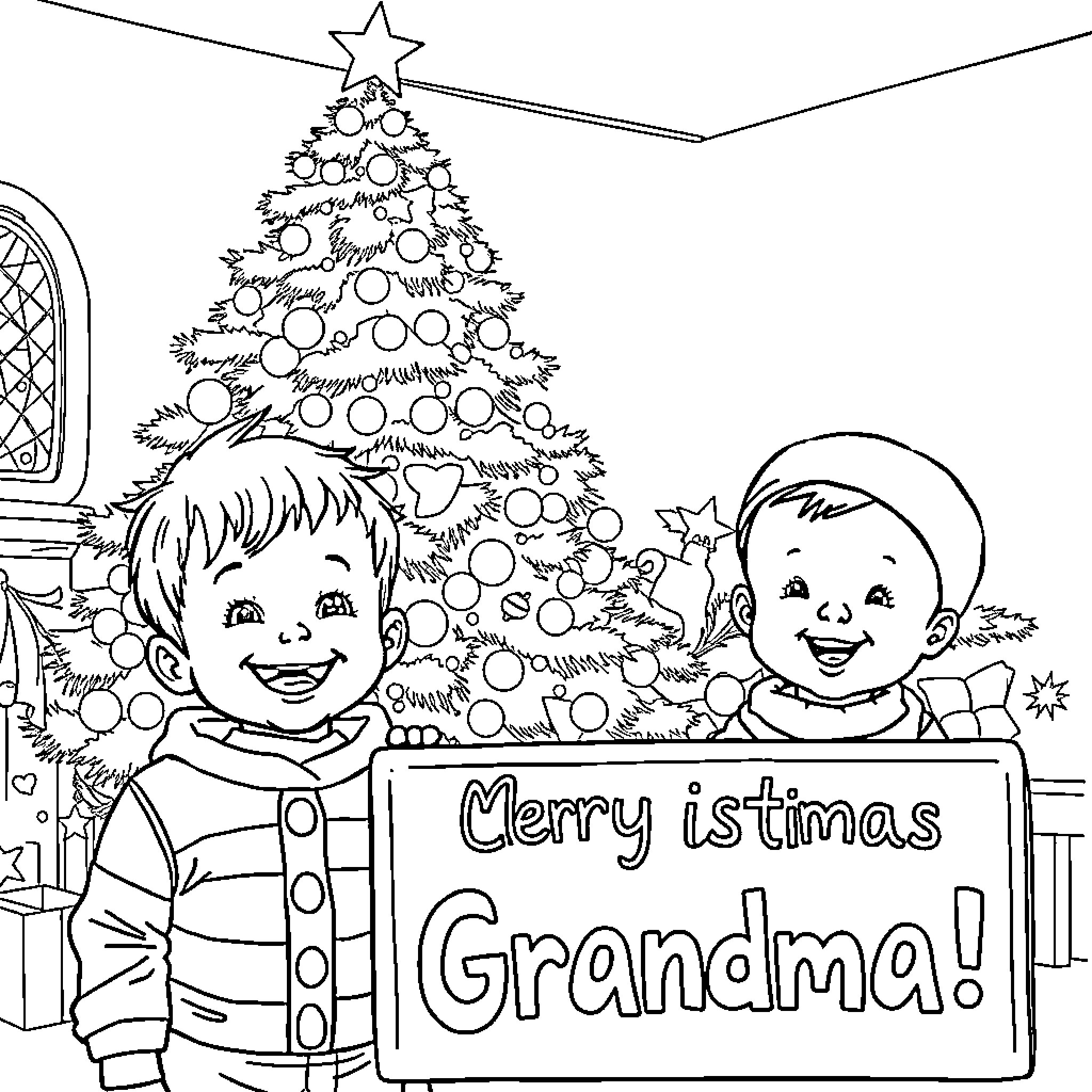 Christmas Cheer with Grandma Coloring Page (free black-and-white line drawing printable PDF for all, from beginners to advanced learners, including children, teens, adults, and seniors)